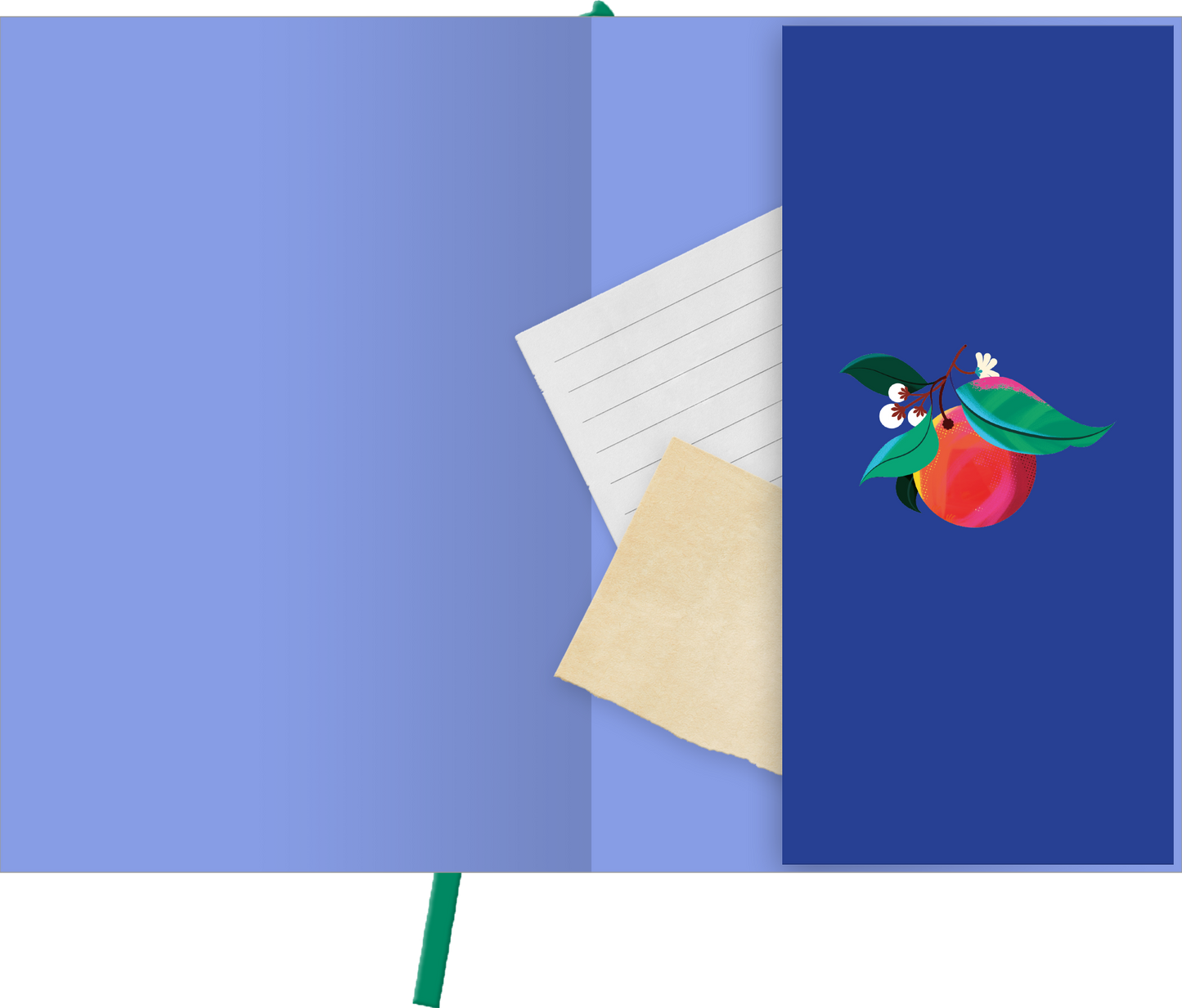 Gezeigt wird eine Innen- oder Zusatzansicht von „myNOTES Papeterie: Notizbuch A5 Farben des Sommers“. Die Innenseiten des Notizbuchs präsentieren eine sanfte, hellblaue Farbgestaltung, die harmonisch mit einem dunkelblauen Bereich kombiniert ist. Auf der rechten Seite befindet sich eine stilisierte Illustration einer roten Frucht mit grünen Blättern, die lebhaft wirkt. Die linierten Seiten bieten ausreichend Platz für Notizen und sind in einem klassischen, klaren Font gehalten.