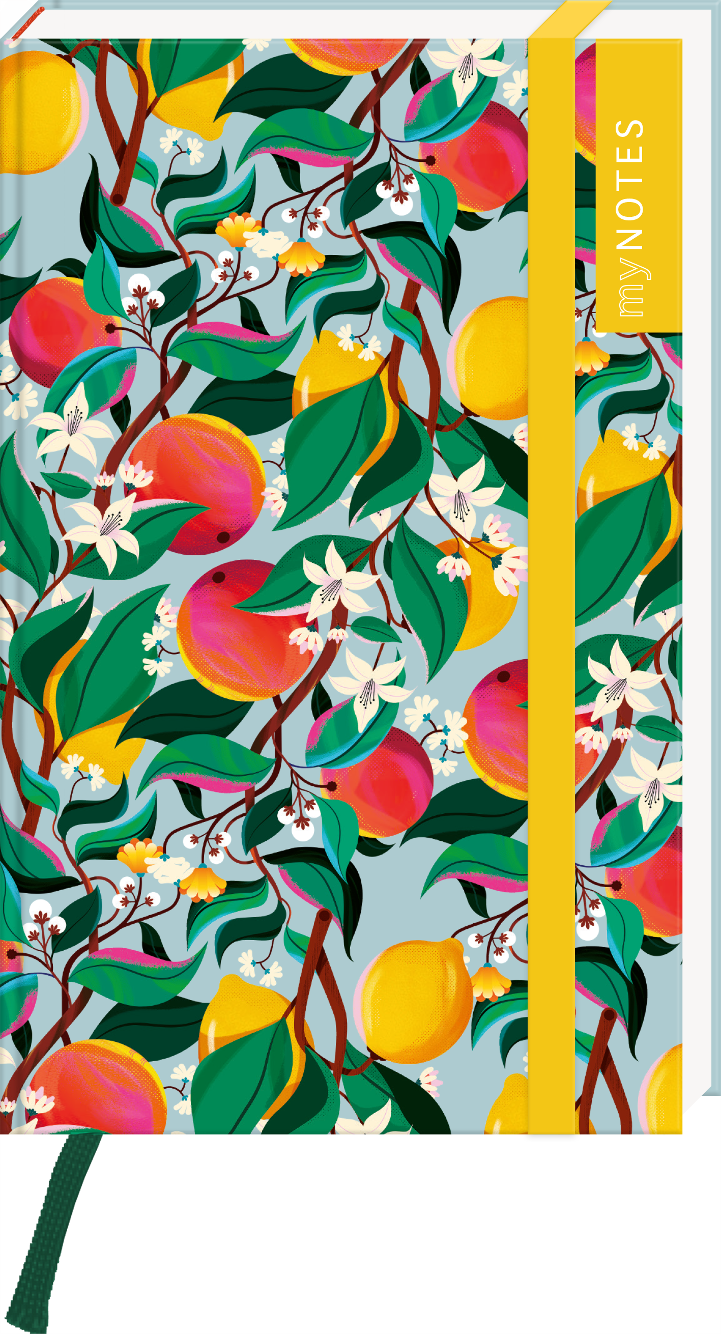 Das Buchcover zeigt ein lebhaftes, farbenfrohes Muster mit pinken und gelben Früchten, umgeben von grünen Blättern und weißen Blüten. Der Hintergrund ist in sanften Blautönen gehalten. Auf der rechten Seite verläuft ein gelber Bug mit dem Schriftzug „my NOTES“ in eleganter, moderner Schrift. Die Atmosphäre wirkt frisch und einladend. Ganz unten mittig steht der Logoschriftzug von arsEdition.