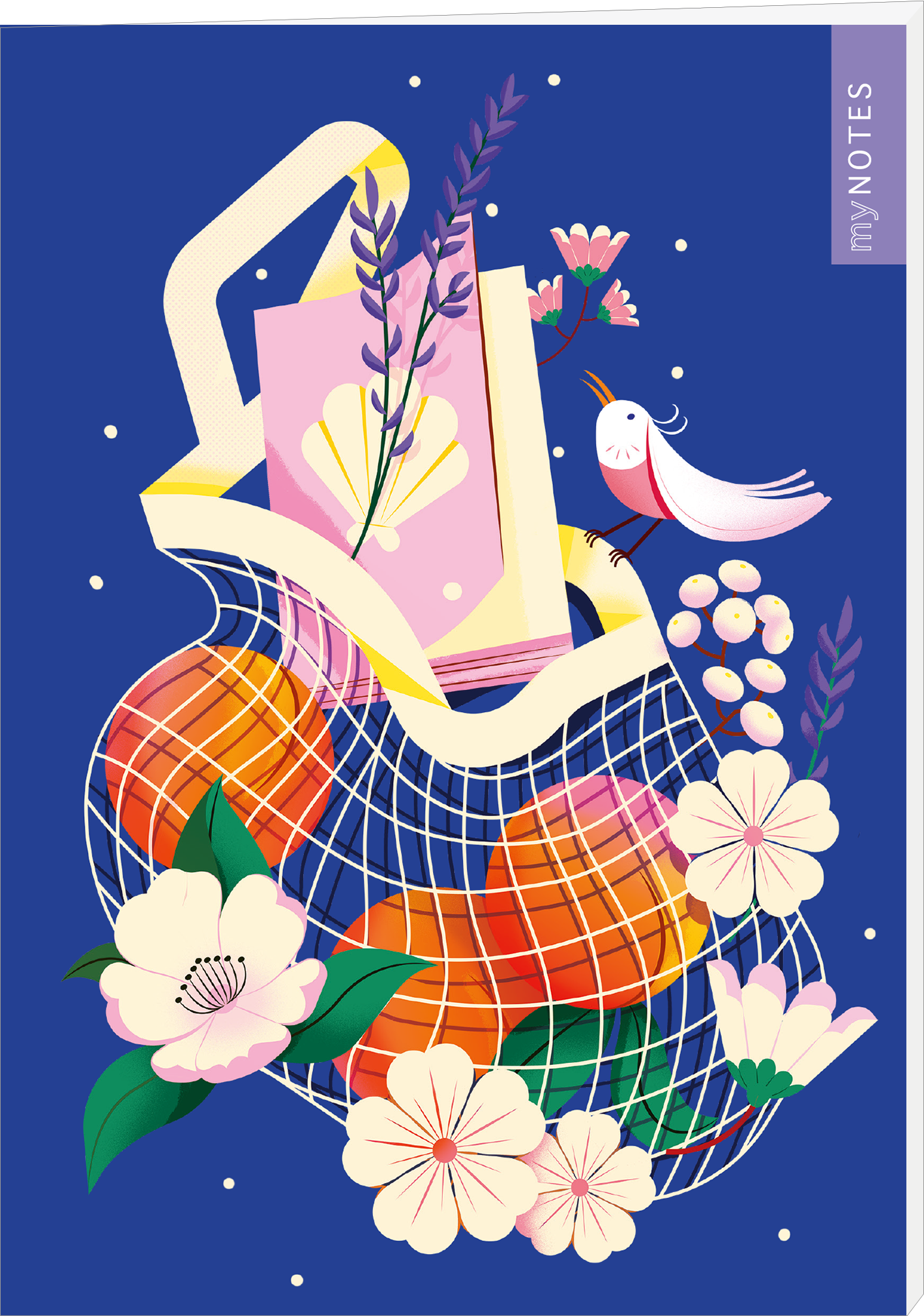 Das Buchcover zeigt eine stilisierte Einkaufstasche, die mit orangefarbenen Früchten gefüllt ist. Darüber schwebt eine zarte, weiße Vogelillustration und bunte Blumen, die das Design lebendig wirken lassen. Der Hintergrund ist in einem kräftigen Blauton gehalten. Links oben befindet sich der Schriftzug „my NOTES“ in einer modernen, klaren Typografie. Die fröhliche und einladende Atmosphäre des Covers wird durch die harmonischen Farben unterstrichen. Ganz unten mittig steht der...
