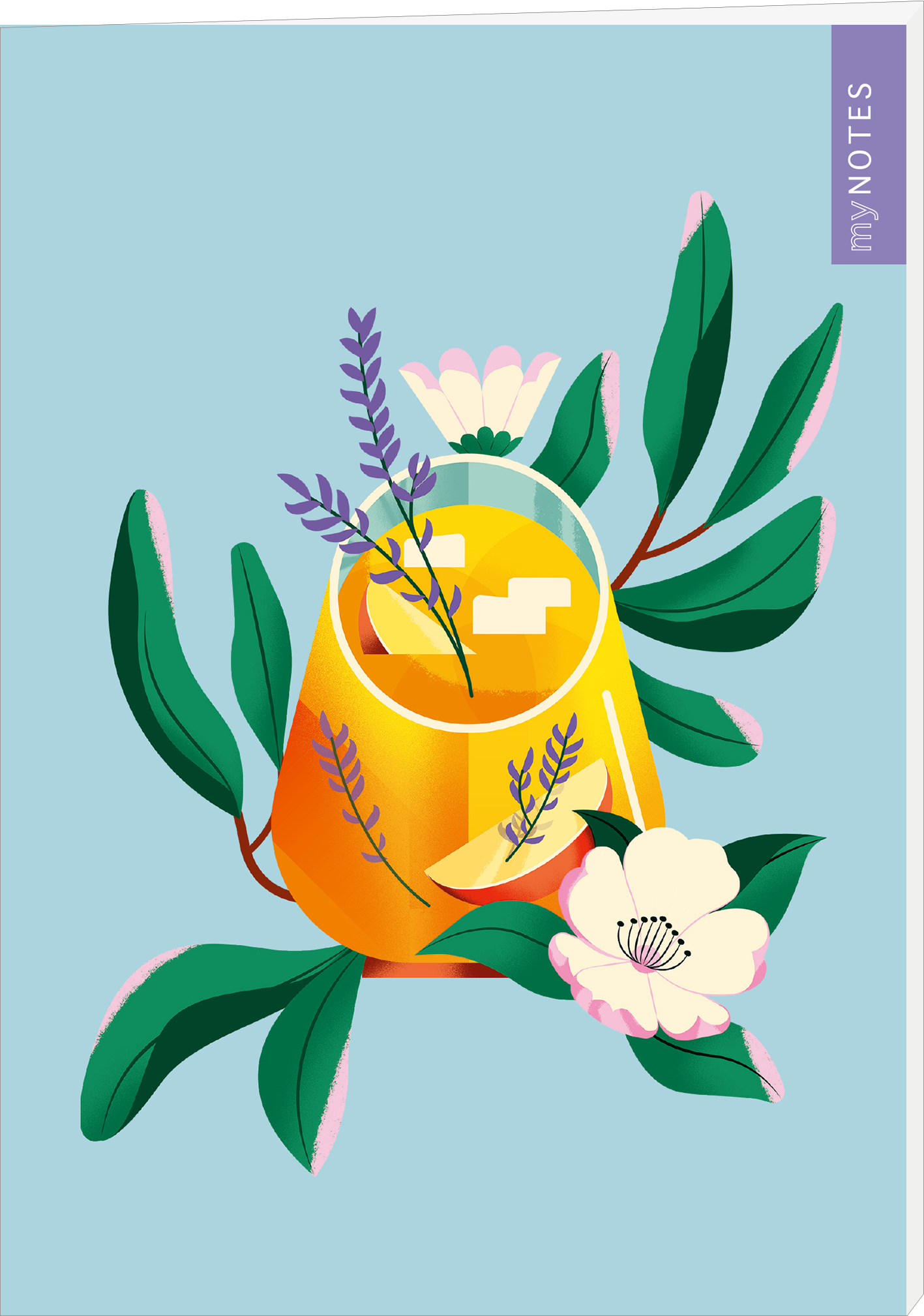 Das Buchcover zeigt ein stilisiertes, gelb gefärbtes Glas mit einer erfrischenden Flüssigkeit, umgeben von grünen Blättern und bunten Blumen in zarten Rosa- und Weißtönen. Der Hintergrund ist in einem sanften Hellblau gehalten, was eine frische und einladende Atmosphäre schafft. Über dem Bild steht auf einem lila Balken „my NOTES“. Ganz unten mittig steht der Logoschriftzug von arsEdition.