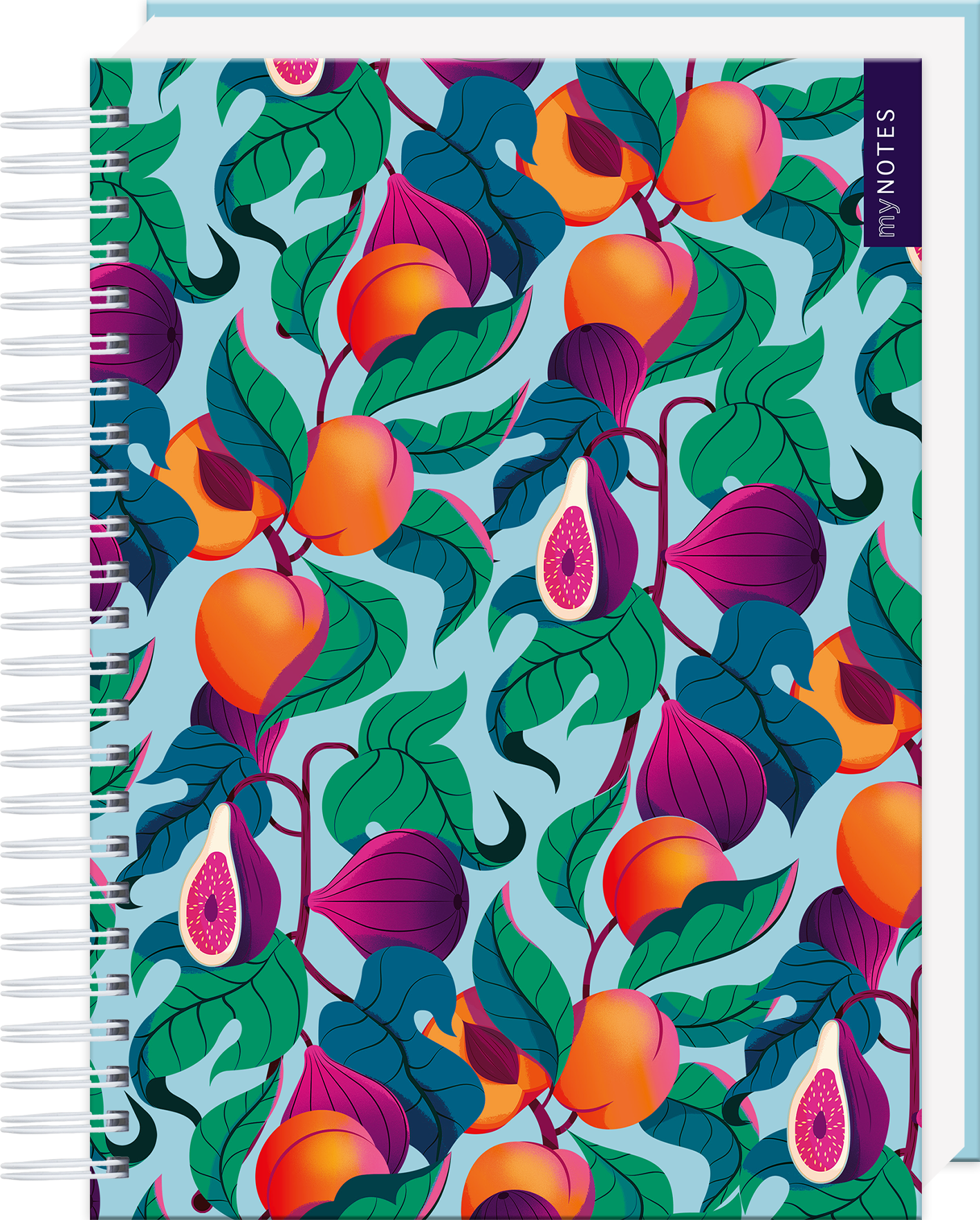 Das Buchcover zeigt ein lebendiges, florales Muster in satten Farben. Die Haupttöne sind leuchtendes Orange und tiefes Grün, ergänzt durch lila und blaue Akzente. Abgebildet sind stilisierte Früchte, darunter Feigen, die harmonisch zwischen üppigen Blättern angeordnet sind. Auf der rechten Seite befindet sich ein dunkelblauer Bereich mit der Aufschrift „myNOTES“ in weißer Schrift. Ganz unten mittig steht der Logoschriftzug von arsEdition.