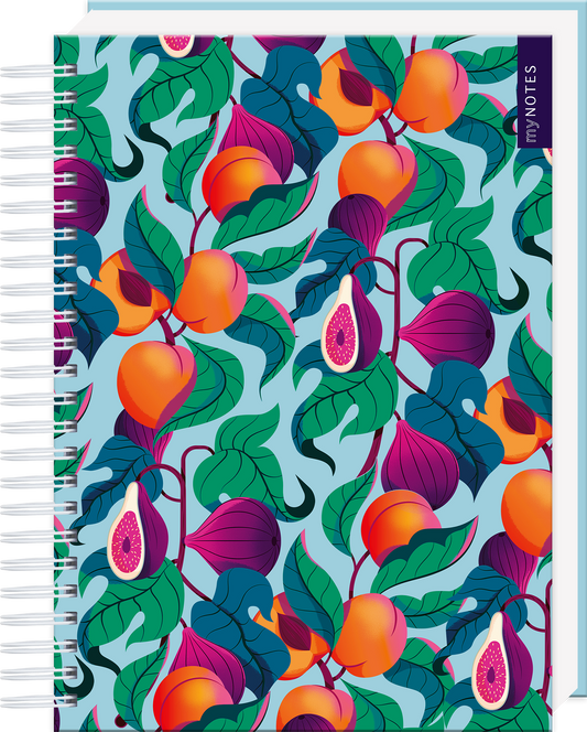 Das Buchcover zeigt ein lebendiges, florales Muster in satten Farben. Die Haupttöne sind leuchtendes Orange und tiefes Grün, ergänzt durch lila und blaue Akzente. Abgebildet sind stilisierte Früchte, darunter Feigen, die harmonisch zwischen üppigen Blättern angeordnet sind. Auf der rechten Seite befindet sich ein dunkelblauer Bereich mit der Aufschrift „myNOTES“ in weißer Schrift. Ganz unten mittig steht der Logoschriftzug von arsEdition.