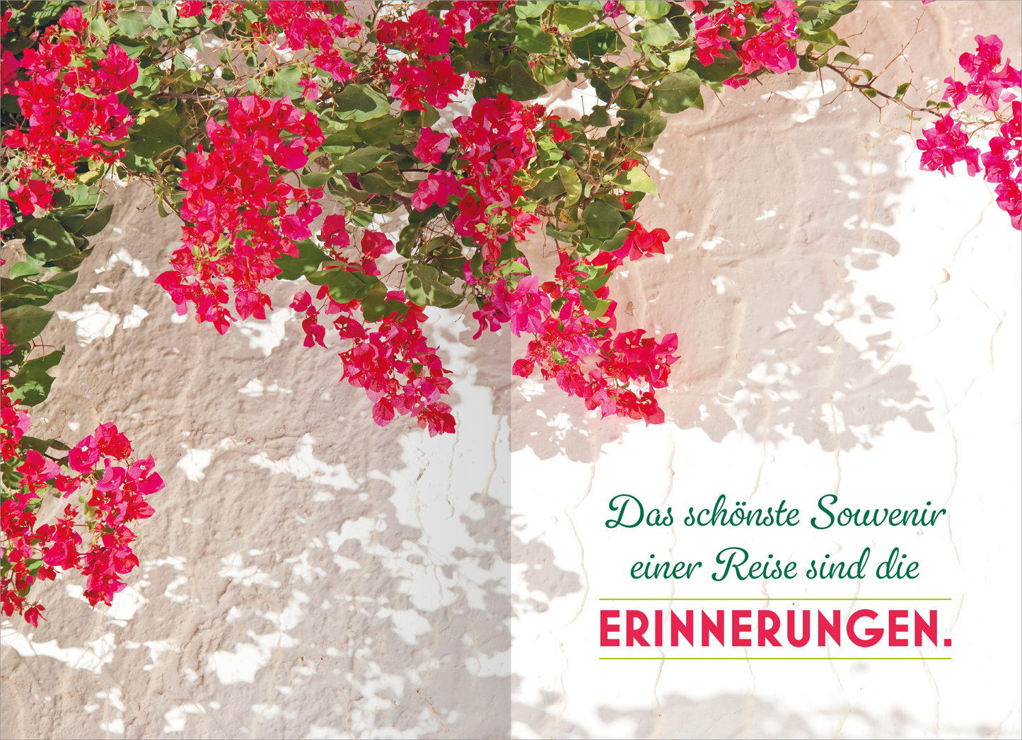 Gezeigt wird eine Innen- oder Zusatzansicht von „Mein Reisetagebuch – Farben des Sommers“. Die Gestaltung zeigt lebendige, pinke Bougainvillea-Blüten, die sanft an einer hellen, texturierten Wand hängen. Rechts befindet sich eine ansprechende Typografie in zwei Farben: der Satz „Das schönste Souvenir einer Reise sind die Erinnerungen.“ ist in einer eleganten Schriftart in einem sanften Grün und kräftigen Rot hervorgehoben, was einen einladenden und fröhlichen Eindruck vermittelt.
