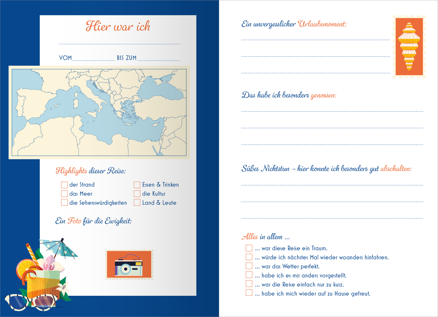 Gezeigt wird eine Innen- oder Zusatzansicht von „Mein Reisetagebuch – Farben des Sommers“. Die Seite zeigt einen blauen Hintergrund mit einem Kartenmotiv des Mittelmeers im oberen Bereich. Darunter sind strukturierte Felder für Reiseinformationen und persönliche Notizen, umgeben von bunten Illustrationen wie Sonnenbrillen, einem Getränk und einer Kamera. Die Schrift ist gut lesbar, in einer modernen Typografie gestaltet. Farbige Akzente heben wichtige Elemente hervor und schaffen eine...