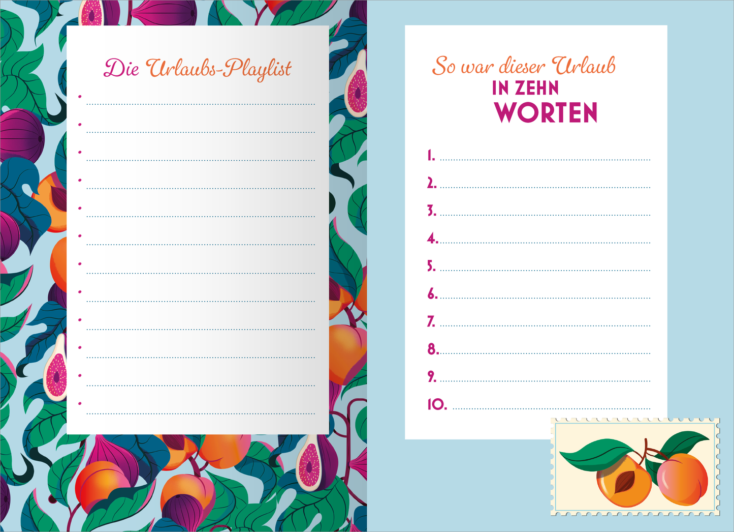 Gezeigt wird eine Innen- oder Zusatzansicht von „Mein Reisetagebuch – Farben des Sommers“. Links befindet sich eine dekorative Seite mit bunten, floralen Mustern in lebhaften Farben wie Lila, Orange und Grün, die einen sommerlichen Charakter vermitteln. Auf der rechten Seite steht der Titel „So war dieser Urlaub IN ZEHN WORTEN“ in kräftigem Pink, darunter sind zehn leere Zeilen für Notizen. Am unteren Rand ist ein kleines Postkartenmotiv mit einer Pfirsichillustration platziert.