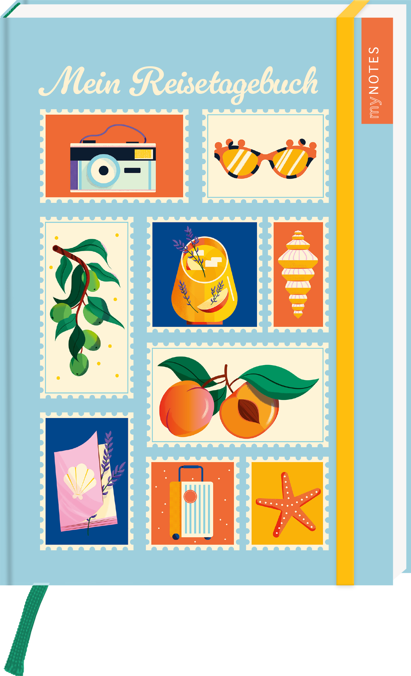 Das Buchcover „Mein Reisetagebuch“ zeigt eine verspielte Anordnung von Illustrationen, die verschiedene Reiseerinnerungen symbolisieren, darunter eine Kamera, Sonnenbrillen und Muscheln, die in bunten Stempel-Designs angeordnet sind. Der Hintergrund ist in einem sanften Himmelblau gehalten. Der Titel erscheint in einer eleganten, verspielten Schriftart in Weiß. Oben rechts ist der Text „my NOTES“ in orangefarbenem Feld zu sehen. Ganz unten mittig steht der Logoschriftzug von arsEdition.