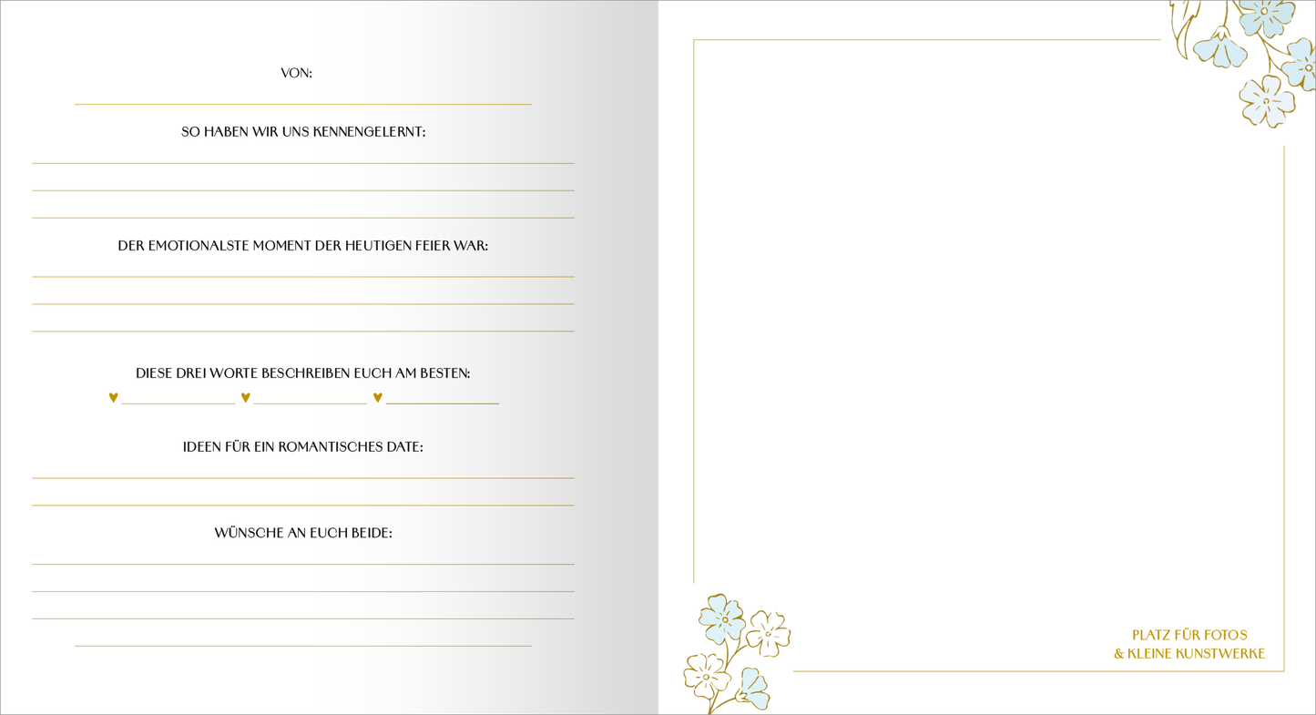 Gezeigt wird eine Innenansicht von „Unsere Hochzeit – Unsere Gäste“. Die linke Seite enthält einen eleganten, hellen Hintergrund mit schlichten Linien und Platz für persönliche Eintragungen. Die rechte Seite bietet einen leeren Raum, um Fotos einzufügen, umrahmt von dezenten, floralen Akzenten in sanften Blautönen. Die Schrift ist klar und gut lesbar, in sanften Farben gehalten, was eine romantische und festliche Stimmung unterstreicht.