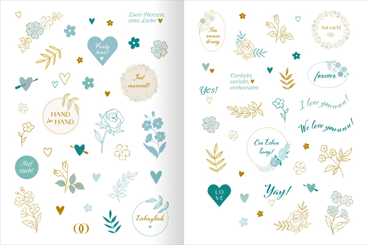 Gezeigt wird eine Innen- oder Zusatzansicht von „Unsere Hochzeit – Unsere Gäste“. Die Darstellung enthält eine Vielzahl von dekorativen Elementen wie Herzen und Blumen in sanften Farben wie Blau, Gold und Weiß. Verschiedene Typographien und Sprüche wie „Zwei Herzen, eine Liebe“ und „Yes!“ heben die festliche Stimmung hervor. Die grafischen Elemente sind harmonisch angeordnet und vermitteln eine romantische Atmosphäre, die zur Hochzeitsfeier passt.