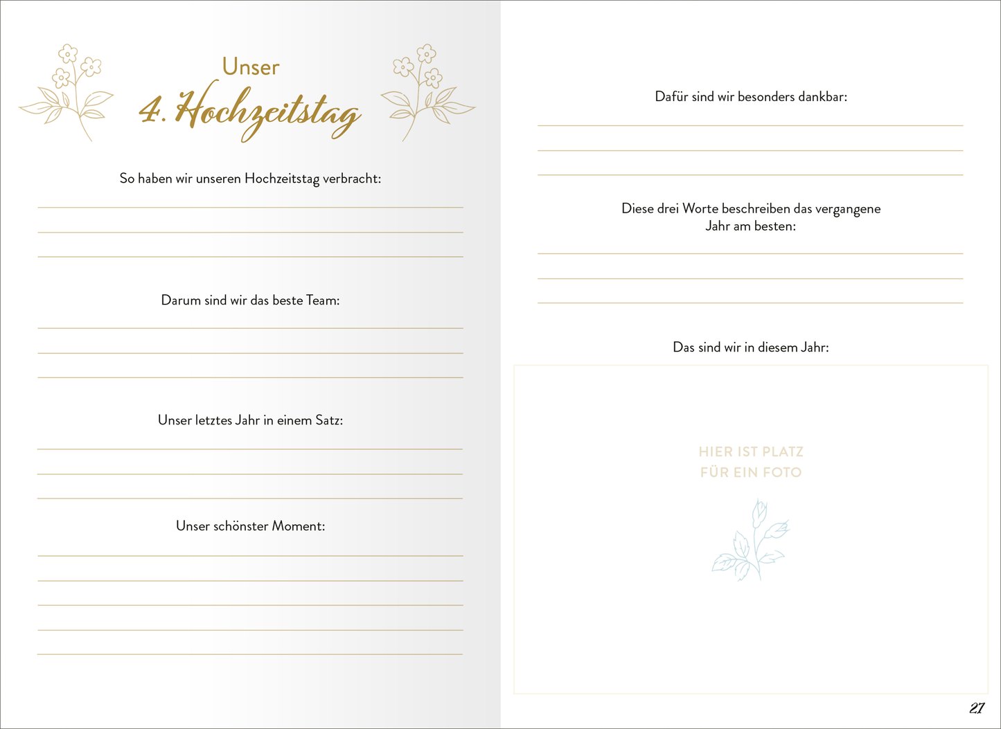 Gezeigt wird eine Innenansicht von „Für immer wir beide“. Die Seite ist in sanften, hellen Farben gestaltet, dabei dominieren Weiß und zarte Pastelltöne. Oben in eleganter, goldener Schrift steht der Titel „Unser 4. Hochzeitstag“. Darunter folgen verschiedene, leere Textfelder, um persönliche Erinnerungen festzuhalten. Die Typografie ist modern und gut lesbar. Auf der rechten Seite befindet sich ein Platz für ein Foto, umrahmt von einem dezenten floralem Muster.