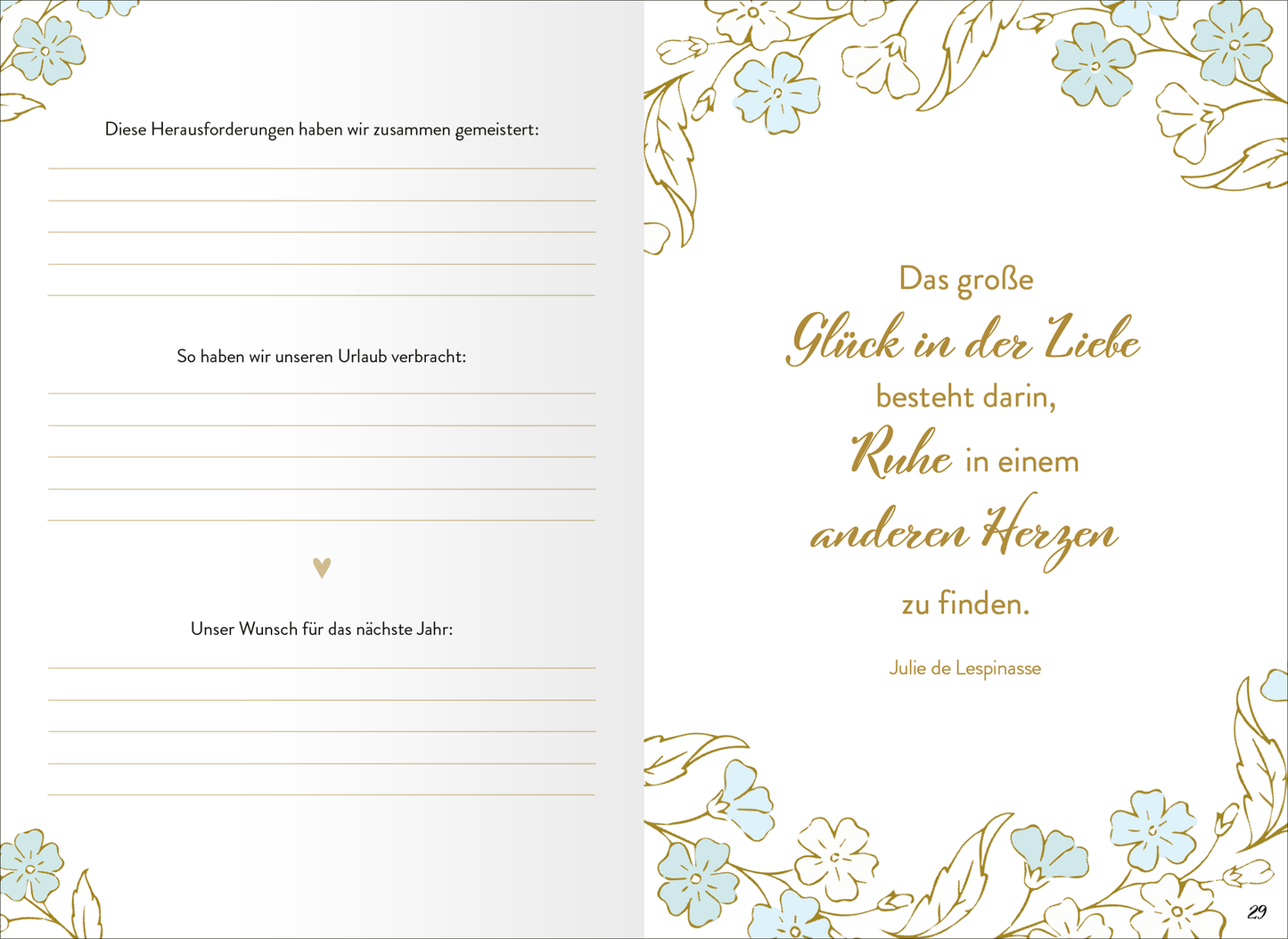 Gezeigt wird eine Innen- oder Zusatzansicht von „Für immer wir beide“. Auf der linken Seite befinden sich leere, linierte Felder zum Ausfüllen, um persönliche Gedanken festzuhalten. Die rechte Seite zeigt einen dekorativen Rahmen aus zarten hellblauen Blumen und goldenen Blättern. In goldener Typografie steht der Text: „Das große Glück in der Liebe besteht darin, Ruhe in einem anderen Herzen zu finden.“ Die Schrift ist stilvoll und gut lesbar.
