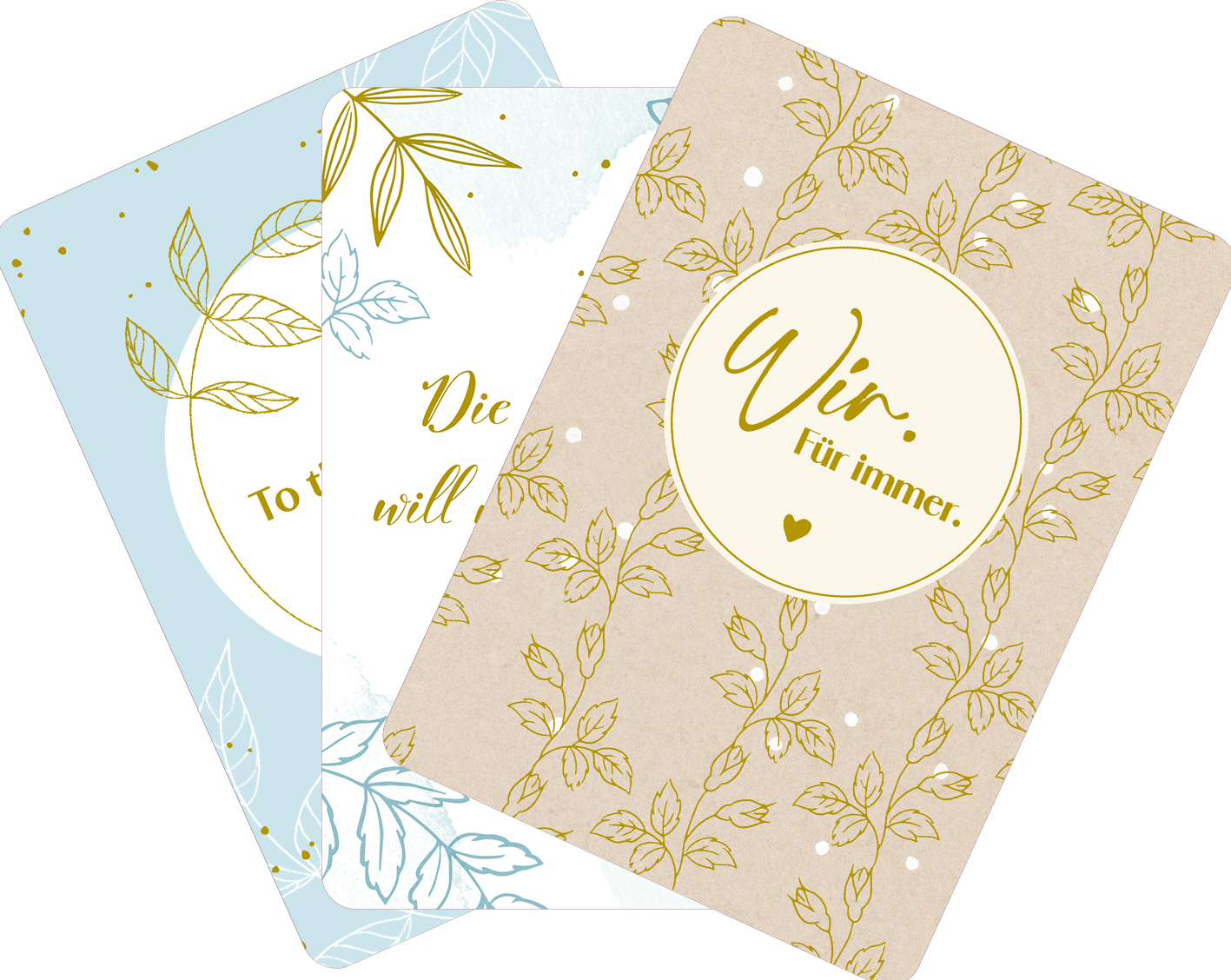 Gezeigt wird eine Innen- oder Zusatzansicht von „Verwandte Seelen finden sich immer“. Auf dem Bild sind drei Karten zu sehen, die in sanften Farben gestaltet sind. Die erste Karte ist hellblau mit feinen, hellen Blattmotiven und dem Text „To do:“ in elegantem Gold. Die zweite Karte ist weiß mit einem zarten, umrandeten Blattmotiv und dem Spruch „Die, die mich wollen, finden sich“. Die dritte Karte hat einen beige Hintergrund, geschmückt mit goldenen Blättern und dem zentralen...