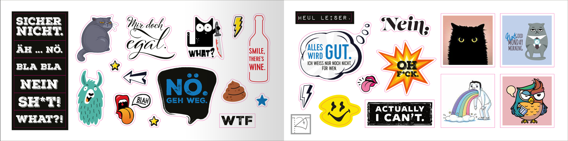 Gezeigt wird eine Innen- oder Zusatzansicht von „Böse Sprüche Stickerheft: Stickern. Lächeln. Vollpfosten denken!“. Die Ansicht zeigt eine bunte Ansammlung von Stickern mit humorvollen Sprüchen und Illustrationen. Dominierende Farben sind Schwarz, Pastell- und leuchtende Farbtöne. Die Typografie ist verspielt und abwechslungsreich, passend zur verschnörkelten und grafisch ansprechenden Gestaltung der Sticker, die sowohl Tiere als auch Botschaften darstellen.