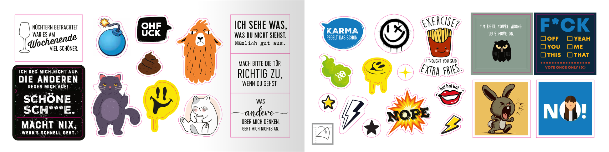 Gezeigt wird eine Innen- oder Zusatzansicht von „Böse Sprüche Stickerheft: Stickern. Lächeln. Vollpfosten denken!“. Die Ansicht zeigt eine Vielzahl von bunten Stickern mit unterschiedlichen Motiven, darunter lachende Gesichter, witzige Sprüche und cartoonartige Tiere. Die Farben sind lebhaft und kräftig, mit dominierenden Tönen wie Gelb, Blau, Rot und Schwarz. Die Schriftarten variieren zwischen verspielt und modern, wobei einige Sprüche in großen, prägnanten Buchstaben und andere...