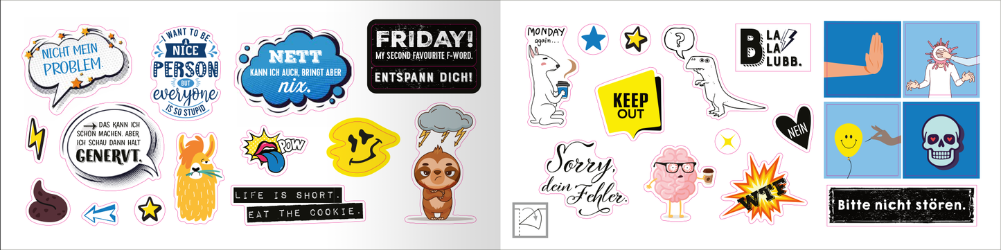 Gezeigt wird eine Innen- oder Zusatzansicht von „Böse Sprüche Stickerheft: Stickern. Lächeln. Vollpfosten denken!“. Die Seite enthält eine Vielzahl bunter Sticker mit humorvollen Sprüchen und Illustrationen. Dominante Farben sind Blau, Gelb, Schwarz und Weiß. Typografisch sind die Sprüche vielfältig gestaltet, oft in verspielten Schriftarten, die in verschiedenen Formen angeordnet sind. Die Zeichnungen zeigen unter anderem Tiere, Emojis und witzige Symbole, die eine lockere,...