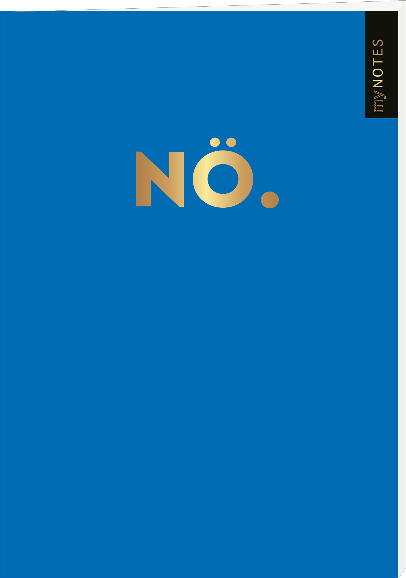 Das Buchcover zeigt einen lebendigen, mittelblauen Hintergrund. Zentral platziert ist der Schriftzug „NÖ.“ in glänzendem Gold, der mit seiner klaren, modernen Typografie hervorsticht. In der oberen rechten Ecke befindet sich ein schwarzes Feld mit der Aufschrift „my NOTES“ in Weiß, das einen weiteren textlichen Akzent setzt. Die Gesamtkomposition vermittelt eine elegante und zeitgemäße Atmosphäre. Ganz unten mittig steht der Logoschriftzug von arsEdition.