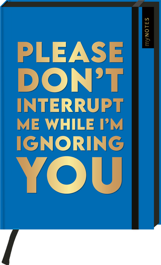 Das Cover zeigt einen hellblauen Hintergrund. In großen, goldenen Buchstaben steht der Text „PLEASE DON’T INTERRUPT ME WHILE I’M IGNORING YOU“ in verschiedenen Schriftgrößen. Die Schrift wirkt modern und auffällig. Oben rechts ist in kleinerer Schrift „my NOTES“ platziert. Ganz unten mittig steht der Logoschriftzug von arsEdition.