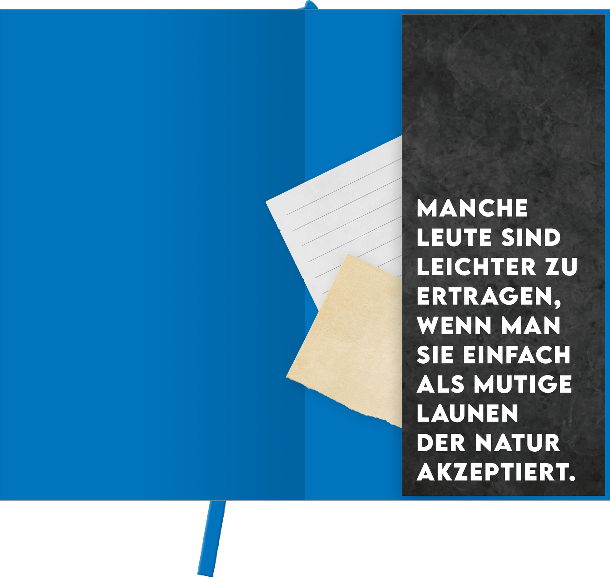 Gezeigt wird eine Innen- oder Zusatzansicht von „Böse Sprüche Notizbuch A6: Geh weg.“. Die Seite zeigt eine große, kräftige Typografie in Weiß auf schwarzem Hintergrund, die den Spruch „Manche Leute sind leichter zu ertragen, wenn man sie einfach als mutige Launen der Natur akzeptiert.“ präsentiert. Im Hintergrund sind blaue und graue Farbtöne zu sehen, begleitet von einem Blatt Papier und einem Notizblock, die hinzugefügt wurden.