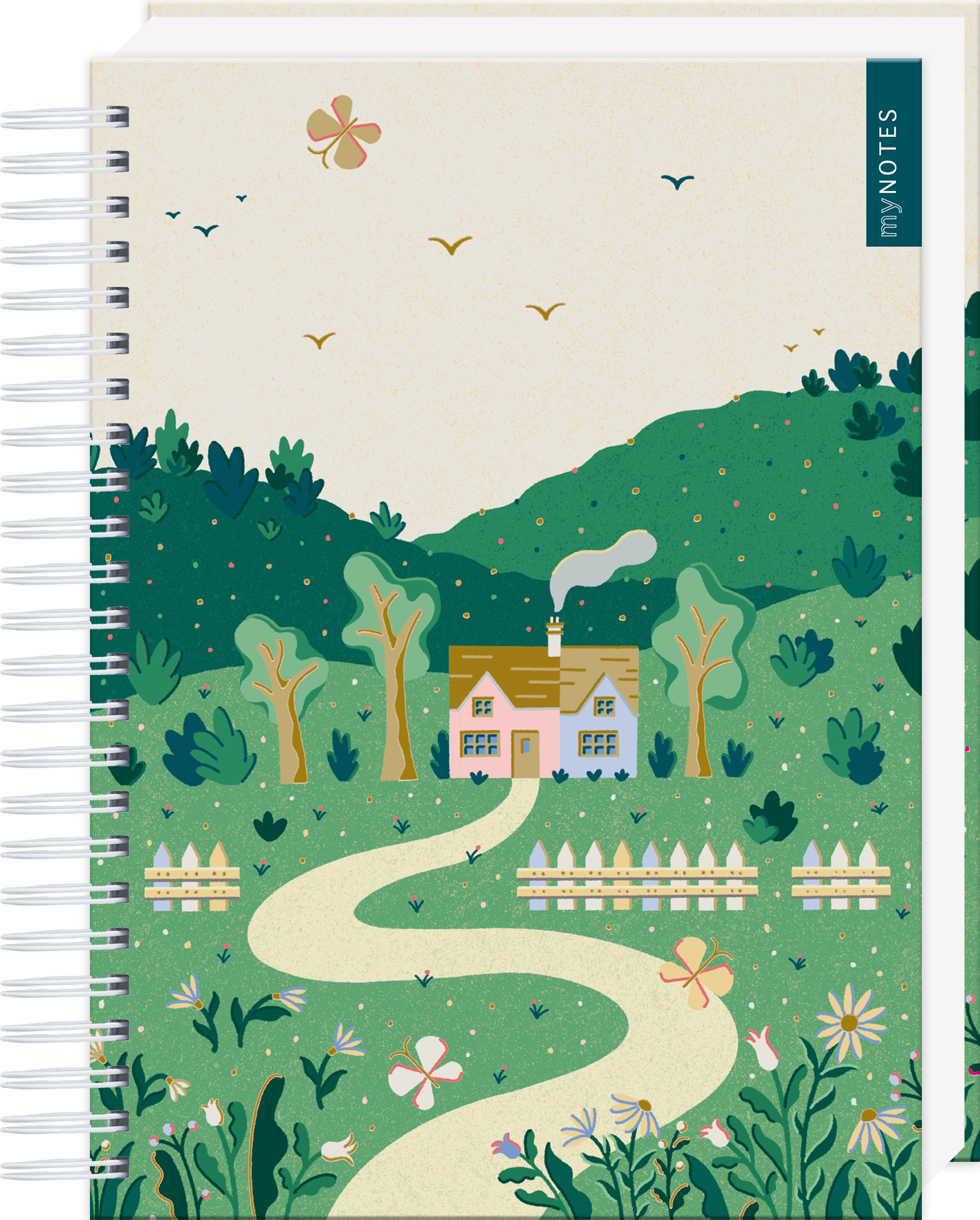 Das Buchcover zeigt eine idyllische Landschaft mit sanften Hügeln in verschiedenen Grüntönen. In der Mitte steht ein stilvolles, hellrosefarbenes Haus mit einem schilffarbenen Dach, umgeben von üppiger Vegetation, bunten Blumen und einem weißen Holzzaun. Über dem Haus schwebt eine leichte Rauchfahne. Der Himmel ist klar mit vereinzelten Vögeln und einer stilisierten Blume. Auf der rechten oberen Seite hebt sich der Schriftzug „my NOTES“ in Blau ab. Ganz unten mittig steht der...