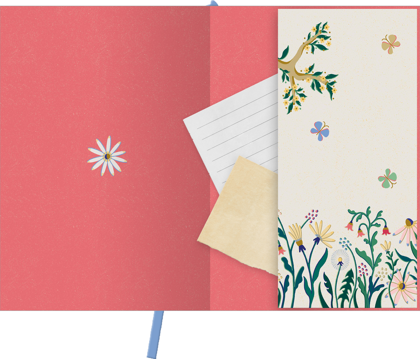 Gezeigt wird eine Innen- oder Zusatzansicht von „myNOTES Papeterie: Notizbuch A4 Cottage Style: Find me in the Flowers“. Der Innendeckel präsentiert sich in einem sanften Rosa, geschmückt mit einer dezenten, weißen Margerite. Auf der gegenüberliegenden Seite sind florale Illustrationen in lebendigen Farben, darunter Gelb, Grün und Blau dargestellt, die eine fröhliche, natürliche Atmosphäre erzeugen. Zusätzliche Blätter in Creme mit linierten Notizen und einer kleinen, beige...