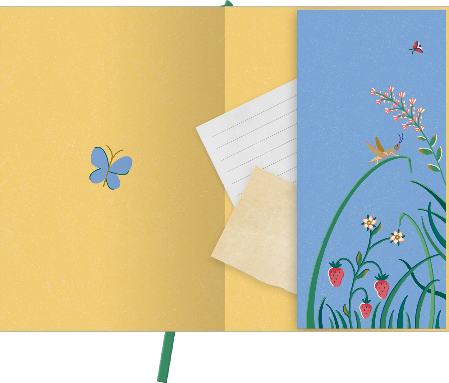 Gezeigt wird eine Innen- oder Zusatzansicht von „myNOTES Papeterie: Notizbuch A5 Cottage Style: Keep going keep growing“. Die Innenseite präsentiert eine sanfte gelbe Farbe mit einem blauen Einleger, der florale Motive, darunter Erdbeeren und Blumen, zeigt. Ein kleiner blauer Schmetterling ziert die gelbe Seite. Zusätzliche weiße und transparente Blätter bieten Platz für Notizen, während die freundliche, verspielte Typografie eine kreative Atmosphäre schafft.