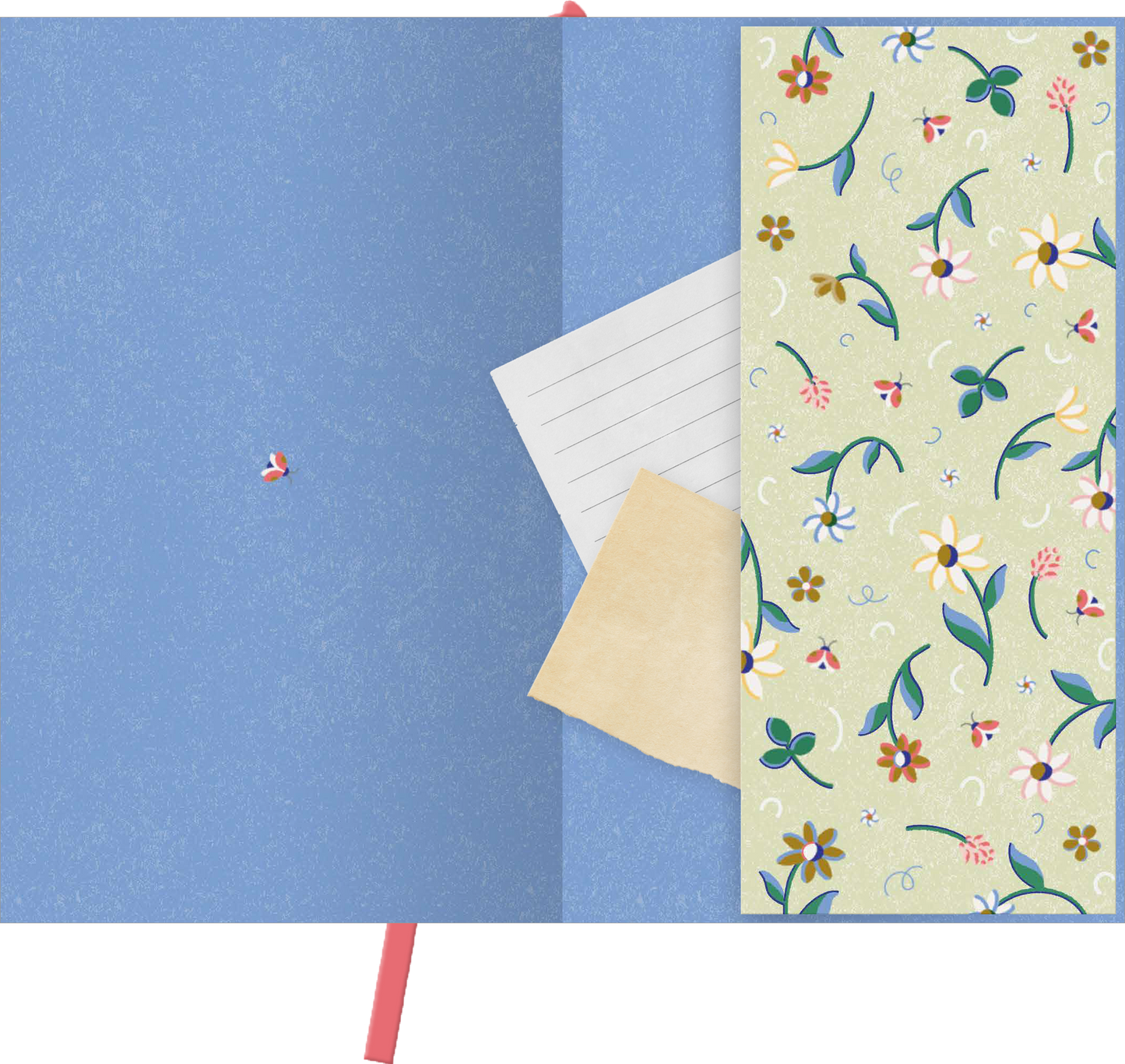 Gezeigt wird eine Innen- oder Zusatzansicht von „myNOTES Papeterie: Notizbuch A6 Cottage Style: Blumenstrauß“. Die Innenseite präsentiert ein sanft blaues Papier mit einer strukturierten Oberfläche. Über dem blauem Hintergrund befindet sich ein beige-gestreiftes Blatt mit linierten Notizen daneben ein leicht transparentes, beige farbenes Papier. Rechts zeigt sich ein florales Muster in sanften Farben wie Gelb, Grün und Rosa, das einen verspielten, ländlichen Stil vermittelt. Ein rotes...