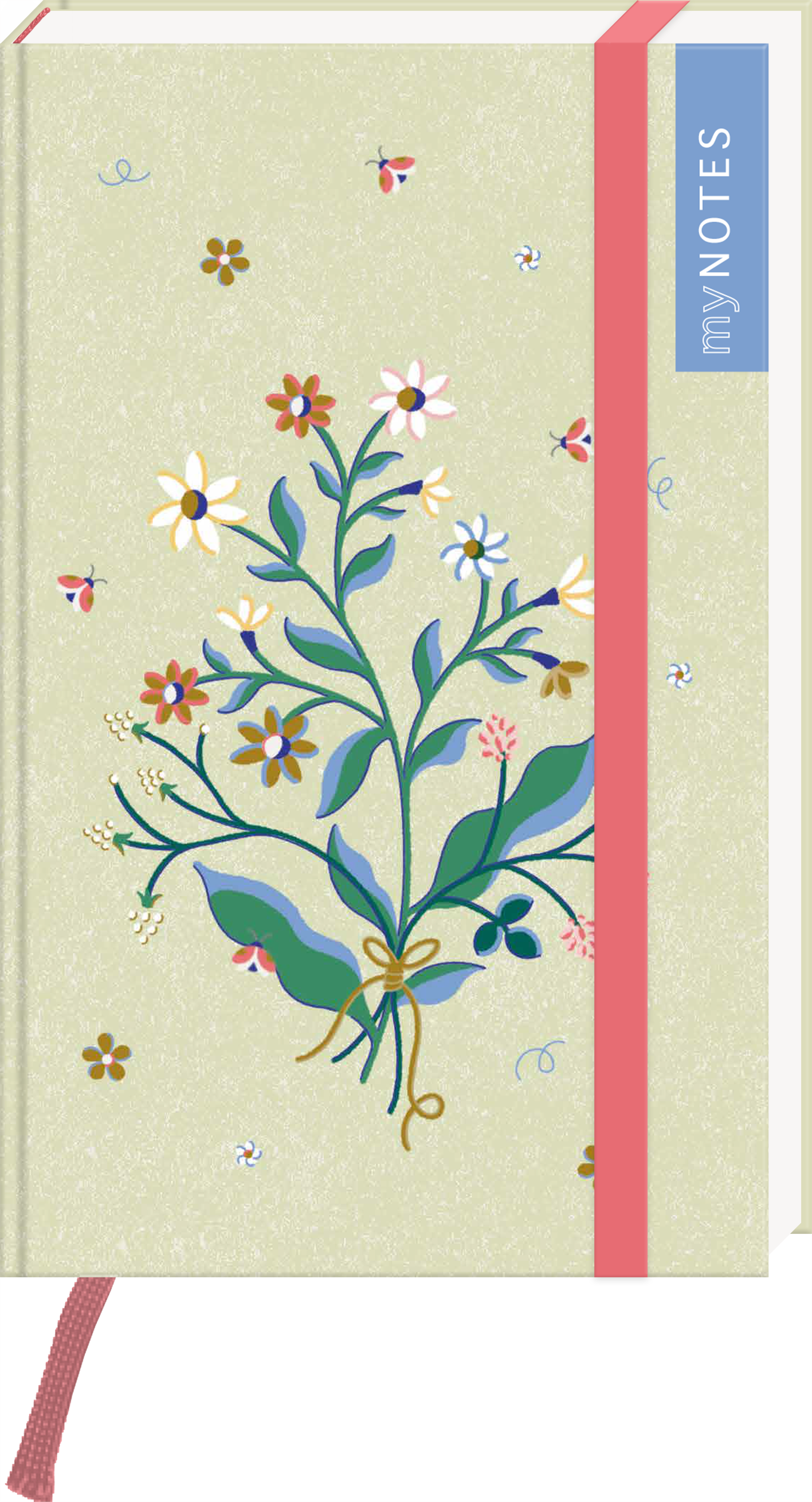 Auf einem sanft grünen Cover entfaltet sich eine verspielte Pflanzenillustration mit bunten Blumen und zarten Blattmotiven, die von kleinen Bienen und Blüten umringt ist. Die Schrift „my NOTES“ erscheint auf einem blauen Hintergrund, der rechts oben platziert ist. Ein rotes Gummiband ergänzt das Design. Die fröhliche, einladende Atmosphäre suggeriert Kreativität und Inspiration. Ganz unten mittig steht der Logoschriftzug von arsEdition.