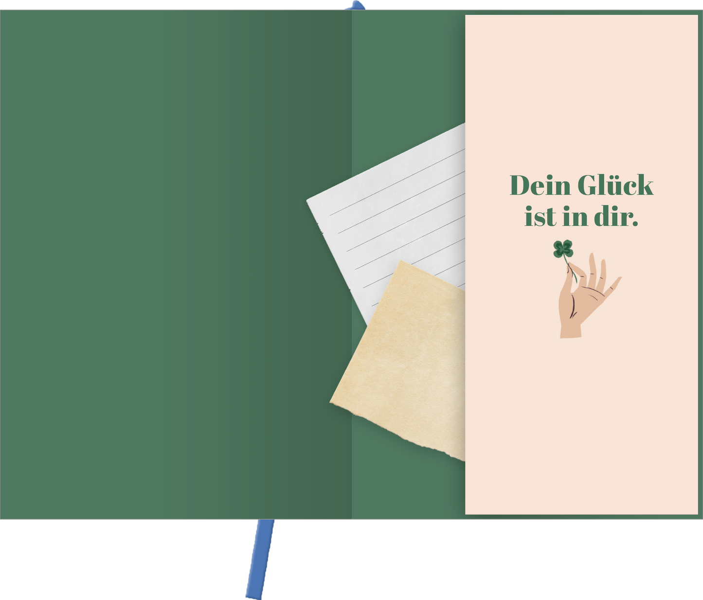 Gezeigt wird eine Innen- oder Zusatzansicht von „myNOTES Papeterie: Notizbuch A5 Sei bei dir“. Die Ansicht zeigt einen dunklen, grünen Hintergrund, darauf liegt eine beige, leicht strukturierte Karte mit handgeschriebenen Notizen sowie einen farblich passenden Aufkleber. Auf der rechten Innenseite steht in eleganter, grüner Schrift der Spruch „Dein Glück ist in dir“ neben einer sanft illustrierten Hand, die ein Kleeblatt hält. Die Farbgestaltung ist harmonisch und ansprechend.