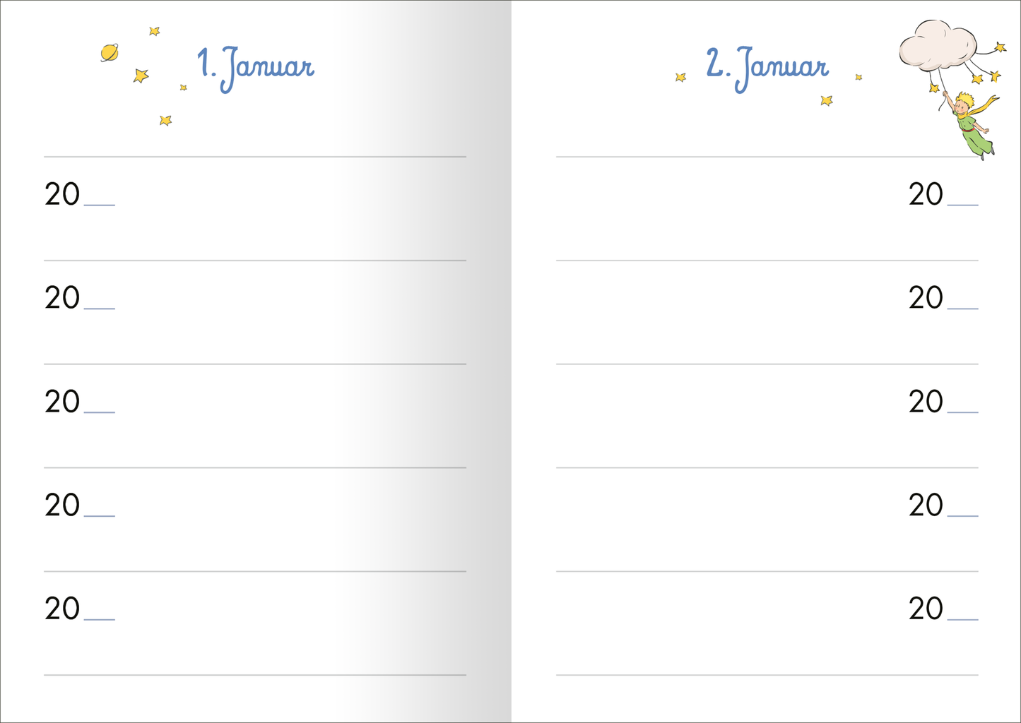 Gezeigt wird eine Innenansicht von „Der kleine Prinz 5 Jahresbuch“. Die Seite zeigt zwei Kalenderblätter für den 1. und 2. Januar. Die Überschrift „1. Januar“ ist in einem verspielten Blau mit einer handschriftähnlichen Typografie gestaltet. Auf der linken Seite sind fünf Zeilen für Eintragungen vorgesehen, daneben finden sich kleine Illustrationen von Sonne und Sternen. Auf der rechten Seite wird der 2. Januar ebenfalls in blau dargestellt, ergänzt durch eine Illustration einer...