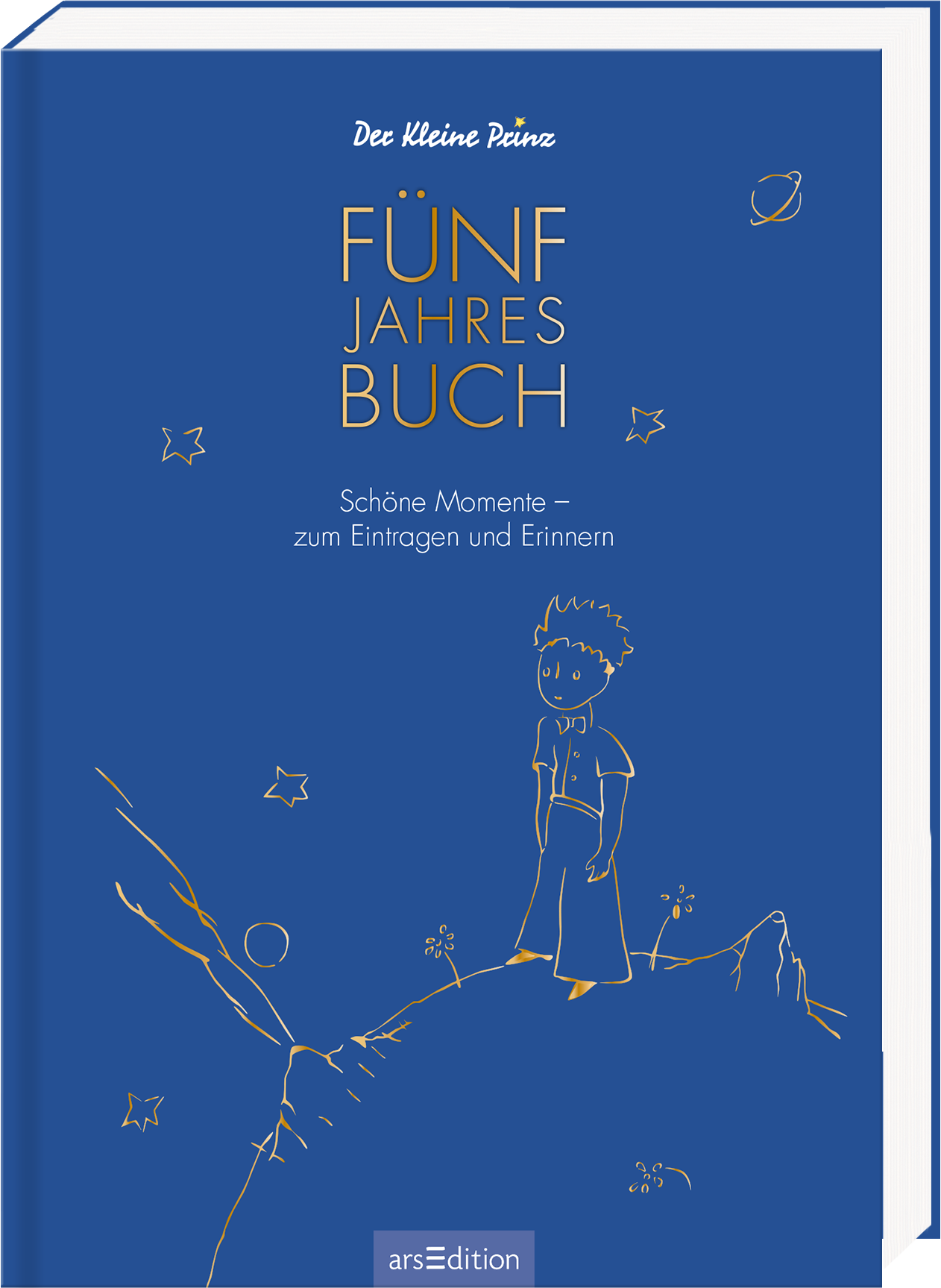 Das Buchcover zeigt einen tiefblauen Hintergrund mit handgezeichneten goldenen Elementen, einschließlich eines kleinen Jungen, der nachdenklich steht. Oben in großen, goldenen Buchstaben steht „FÜNF JAHRES BUCH“. Darunter befindet sich der Untertitel „Schöne Momente – zum Eintragen und Erinnern“ in einer schlichteren Schrift. Die Atmosphäre wirkt nostalgisch und einladend. Ganz unten mittig steht der Logoschriftzug von arsEdition.