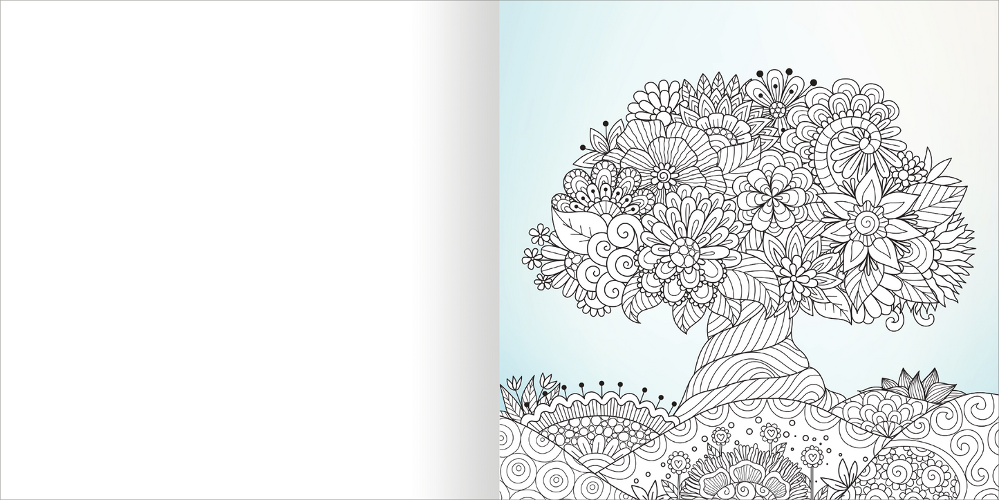 Gezeigt wird eine Innen- oder Zusatzansicht von „Diamond Achtsamkeit“. Die Illustration zeigt einen detailreichen Baum, umgeben von floralen Motiven und geschwungenen Mustern. Der Baum ist mit kunstvollen Blüten und Blättern verziert, während der Hintergrund in sanften Blautönen gehalten ist. Die typografischen Elemente sind klar und modern, sodass der Fokus auf den liebevoll gestalteten Illustrationen liegt. Die gesamte Komposition strahlt Ruhe und Achtsamkeit aus.