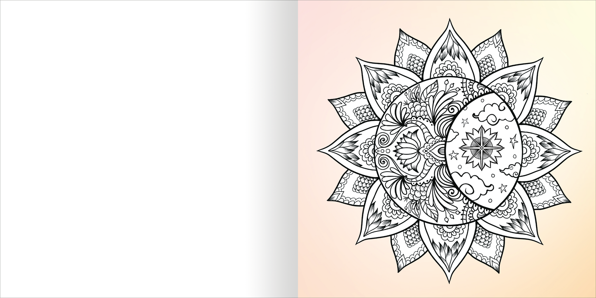 Gezeigt wird eine Innen- oder Zusatzansicht von „Diamond Achtsamkeit“. Die Seite präsentiert ein detailliertes Mandala-Muster in Schwarz-Weiß, das florale und geometrische Elemente kombiniert. Im Hintergrund ist ein sanfter Farbverlauf von zartem Beige zu einem hellen Rosé zu sehen. Der Kontrast zwischen der elaborierten Zeichnung und dem ruhigen Hintergrund fördert eine meditative Atmosphäre. Die Gestaltung ist ansprechend und lädt zum Ausmalen ein, während die einfache Schrift den...