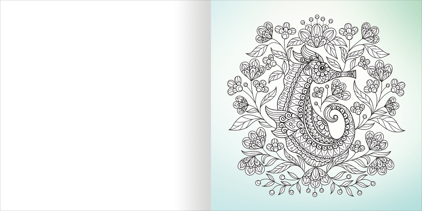 Gezeigt wird eine Innen- oder Zusatzansicht von „Diamond Achtsamkeit“. Auf der rechten Seite ist ein kunstvoll gezeichnetes Seepferdchen in der Mitte von floralen Mustern umgeben, die aus Blüten und Blättern bestehen. Die Linien sind klar und detailliert, und die Gesamtgestaltung wirkt verspielt. Der Hintergrund ist sanft in einem verblassten Blau gehalten, was eine beruhigende Atmosphäre schafft. Die linke Seite bleibt leer und bietet Platz für persönliche Notizen oder kreative...