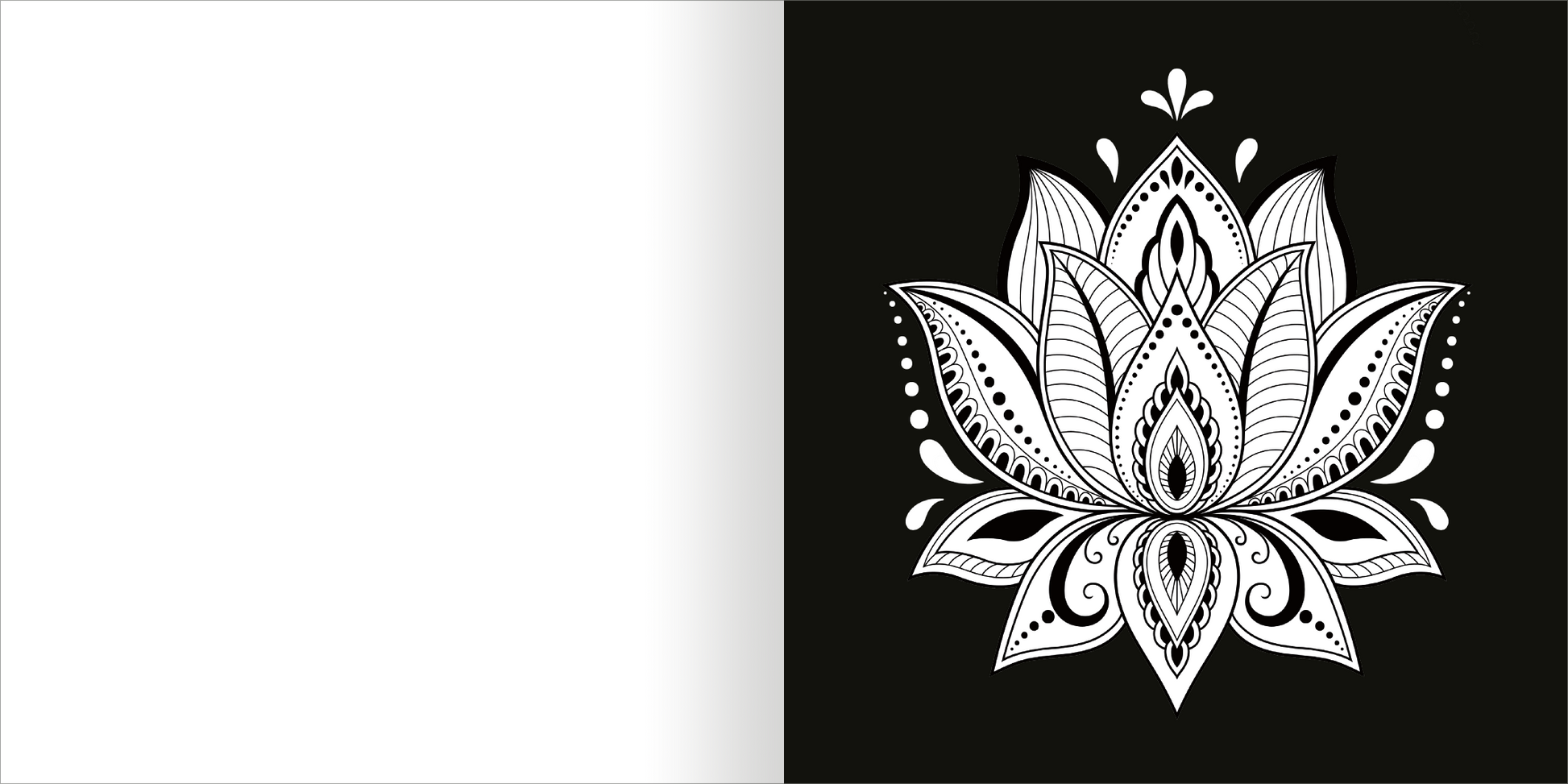 Gezeigt wird eine Innen- oder Zusatzansicht von „Diamond Achtsamkeit“. Die Abbildung zeigt einen künstlerischen, weißen Lotus auf einem schwarzen Hintergrund. Der Lotus ist detailliert gezeichnet und enthält verschiedene Muster sowie geschwungene Linien, die die Blütenblätter umrahmen. Der Kontrast zwischen Schwarz und Weiß schafft eine beruhigende, harmonische Atmosphäre. Die Schrift ist schlicht und modern gestaltet, wodurch der Fokus auf das Design des Lotsus gelegt wird.