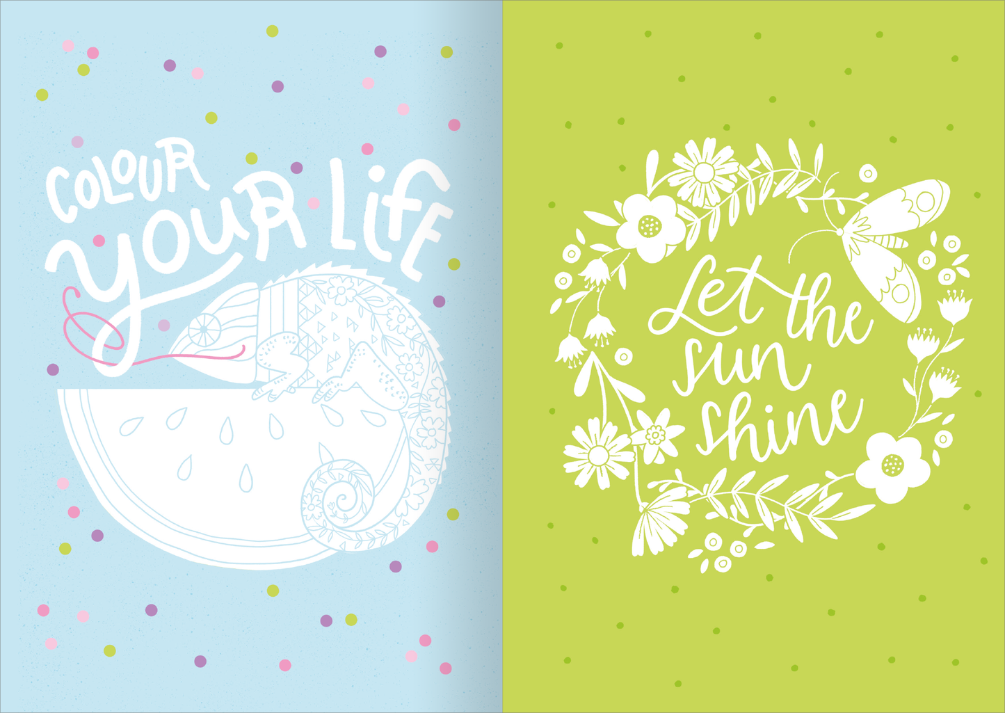 Gezeigt wird eine Innen- oder Zusatzansicht von „I Love to Sparkle – Schulplaner Keep Cool“. Auf der linken Seite befindet sich ein sanfter blauer Hintergrund mit dem Schriftzug „colour your life“ in verspielter, großer Schrift. Daneben ist eine Illustration eines Chamäleons, das auf einer Melonenscheibe sitzt. Die rechte Seite zeigt einen frischen, grünen Hintergrund, auf dem der Spruch „Let the sun shine“ in eleganter Schriftart zu sehen ist, umgeben von floralen Mustern....