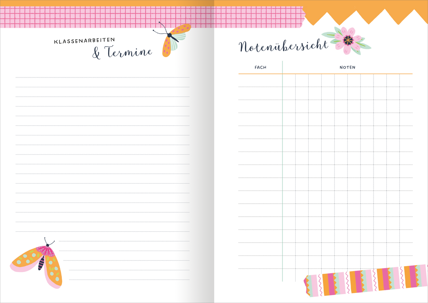 Gezeigt wird eine Innenansicht von „I Love to Sparkle – Schulplaner Dream Big!“. Die Seiten sind in hellen Farben gestaltet, mit einem verspielten Layout. Links befindet sich der Abschnitt „Klassenarbeiten & Termine“ mit linierten Zeilen und einem bunten Schmetterlings-Design. Rechts zeigt der Bereich „Notenübersicht“ ein gitterförmiges Layout für Fächer und Noten, umrahmt von floralen Elementen und dekorativem Klebeband. Farblich dominieren sanfte Pastelltöne, ergänzt...