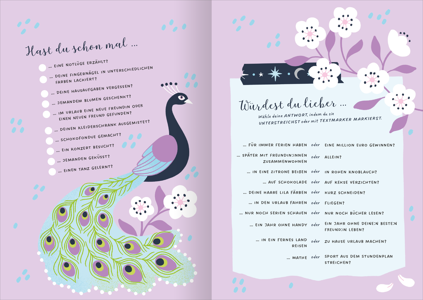 Gezeigt wird eine Innen- oder Zusatzansicht von „I Love to Sparkle – Schulplaner Dream Big!“. Die Seite ist in sanften Lila- und Pastelltönen gehalten. Auf der linken Seite befindet sich ein prächtiger Pfau mit einem bunten Federkleid, umgeben von stilisierten Blumen. Die rechte Seite enthält eine strukturierte Liste in einem abgerundeten Kästchen mit dem Titel „Würdest du lieber…“. Die Schrift ist verspielt und gut lesbar, ergänzt durch motivierende Fragen, die zur...