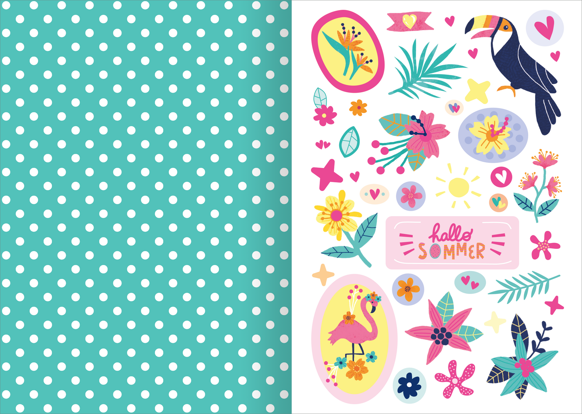 Gezeigt wird eine Innen- oder Zusatzansicht von „I Love Summer – Sticker-Liebe“. Die rechte Seite zeigt eine bunte Sammlung von Stickern, darunter Blumen, einen Flamingo, einen Tukan und verschiedene stilisierte Blätter. Die Typografie des Schriftzugs „hallo SOMMER“ ist in pinker Schrift auf einem hellen Hintergrund gestaltet. Links ist ein kräftig türkiser Hintergrund mit weißen Punkten zu sehen, der einen lebendigen Kontrast bietet. Die gesamte Grafik strahlt ein fröhliches,...