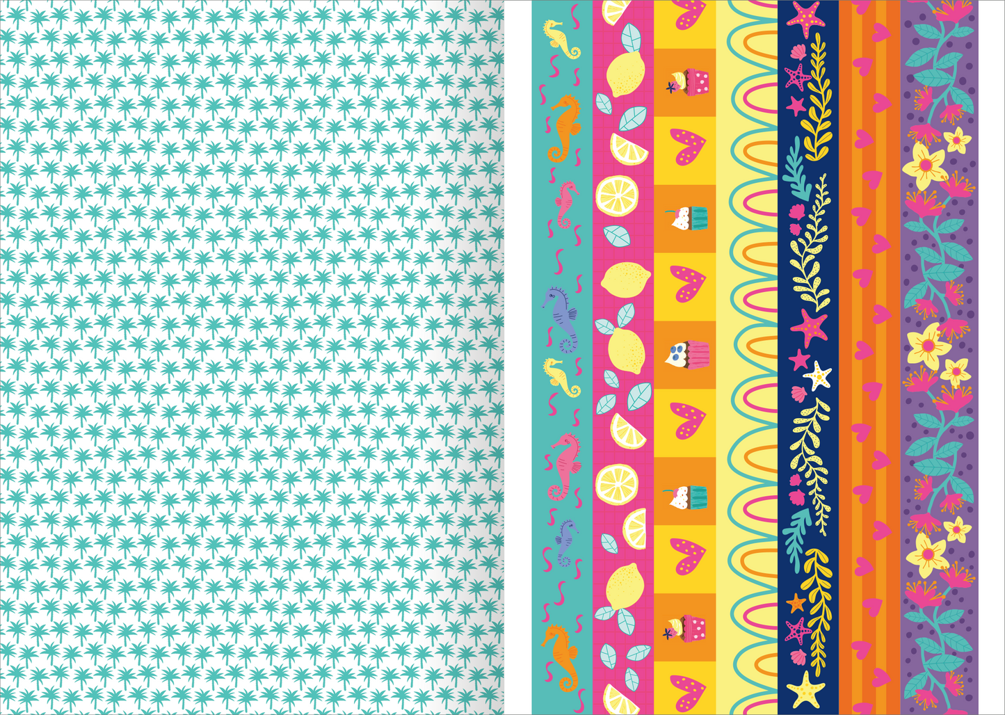 Gezeigt wird eine Innen- oder Zusatzansicht von „I Love Summer – Sticker-Liebe“. Die Darstellung zeigt eine farbenfrohe Anordnung von Stickern, eingerahmt von lebhaftem, buntem Hintergrund. Links ist ein hellblauer, strukturierten Untergrund mit kleinen, grünen Sternen zu sehen. Rechts verlaufen mehrere horizontale Streifen in kräftigen Farben wie Gelb, Pink und Lila, geschmückt mit sommerlichen Motiven wie Zitronen, Herzen und Blumen. Die Typografie ist verspielt und gut lesbar.