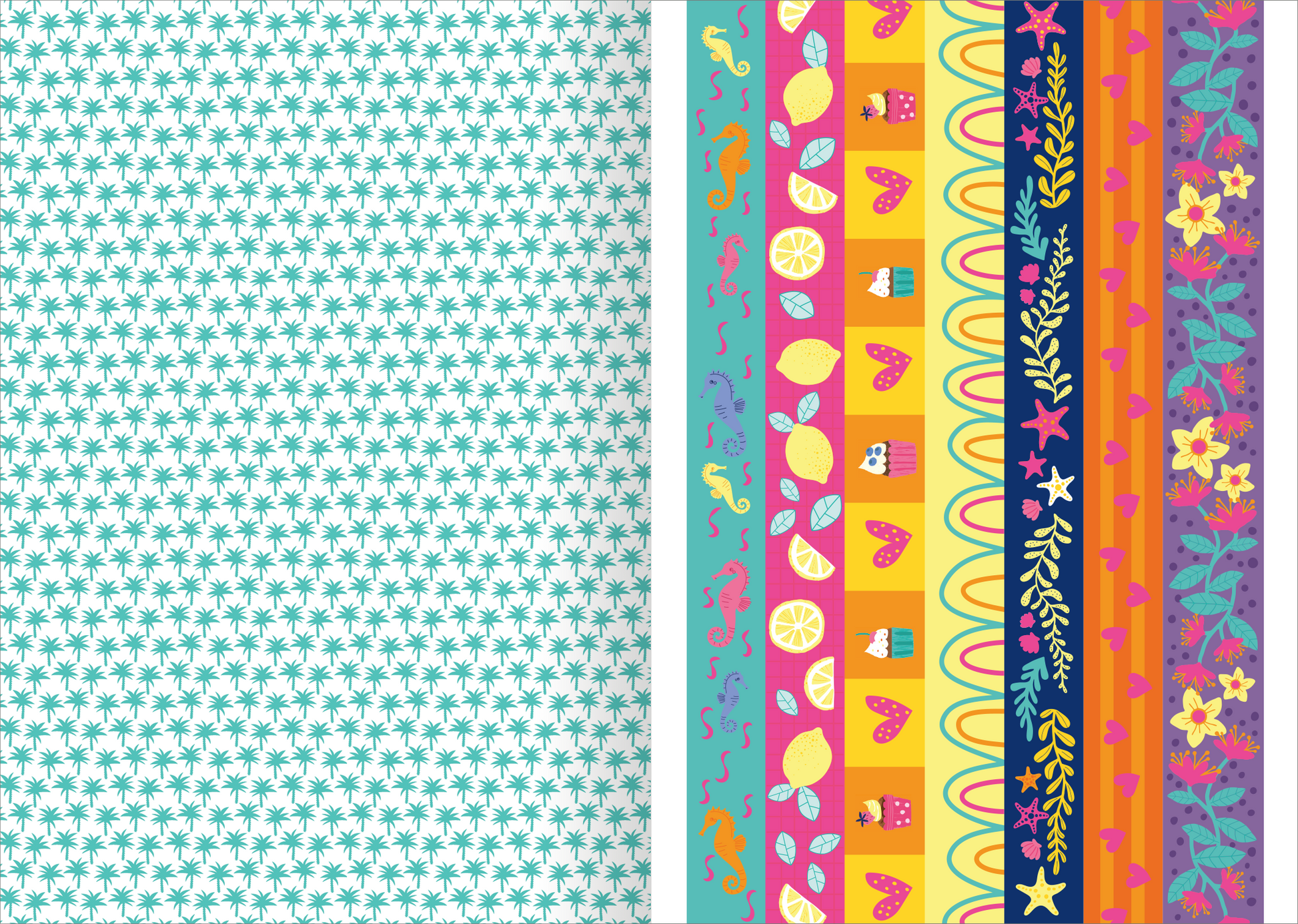 Gezeigt wird eine Innen- oder Zusatzansicht von „I Love Summer – Sticker-Liebe“. Die Darstellung zeigt eine farbenfrohe Anordnung von Stickern, eingerahmt von lebhaftem, buntem Hintergrund. Links ist ein hellblauer, strukturierten Untergrund mit kleinen, grünen Sternen zu sehen. Rechts verlaufen mehrere horizontale Streifen in kräftigen Farben wie Gelb, Pink und Lila, geschmückt mit sommerlichen Motiven wie Zitronen, Herzen und Blumen. Die Typografie ist verspielt und gut lesbar.