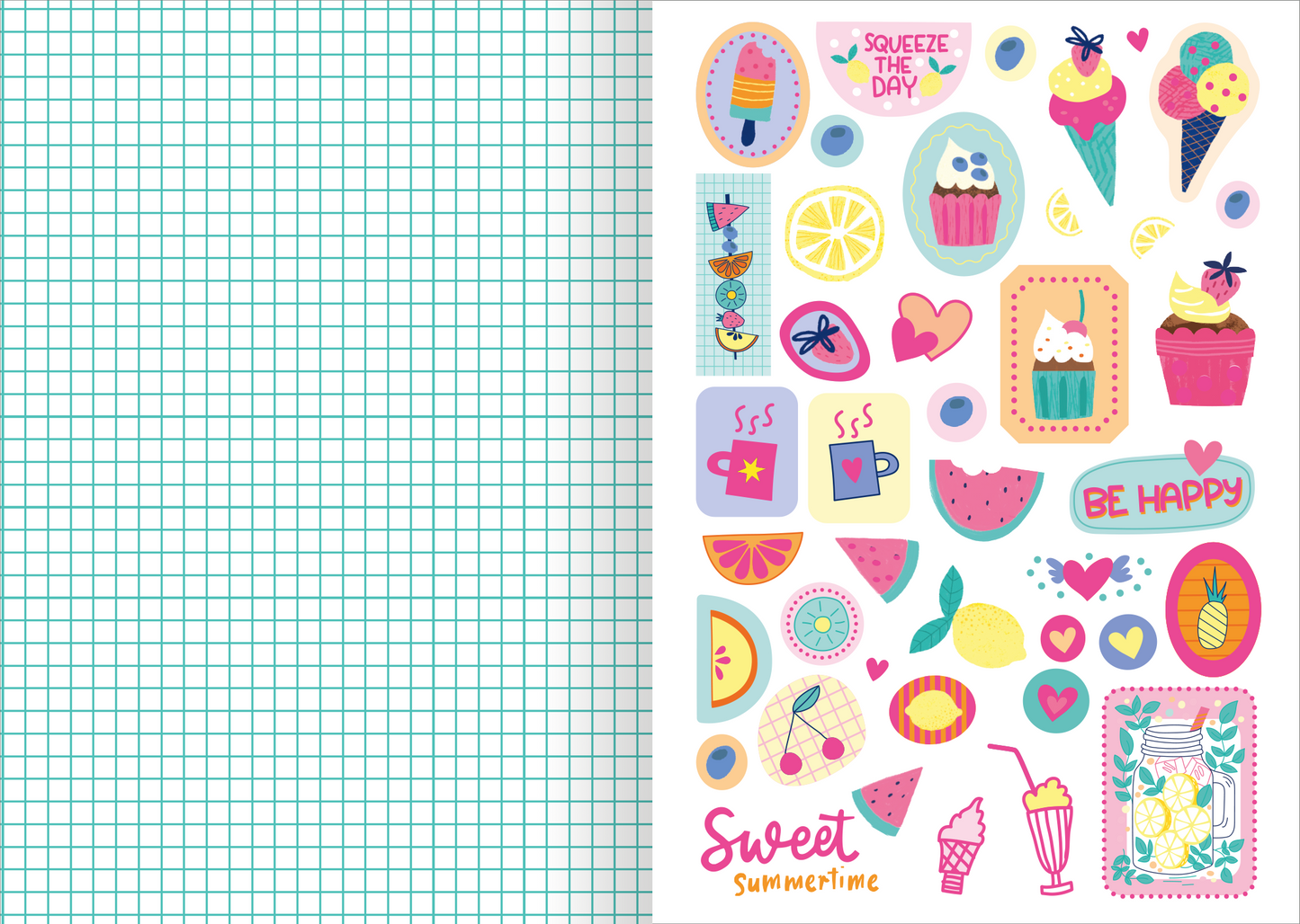 Gezeigt wird eine Innen- oder Zusatzansicht von „I Love Summer – Sticker-Liebe“. Die Ansicht zeigt eine Vielzahl bunter Aufkleber mit sommerlichen Motiven. Dominierende Farben sind Pastelltöne in Rosa, Gelb, Blau und Grün. Zu sehen sind Eiscreme, Früchte, Getränke und fröhliche Sprüche wie „Squeeze the Day“ und „Be Happy“. Die Typografie ist verspielt und einladend, mit klar lesbaren Schriftzügen. Der Hintergrund ist in einem leicht karierten Muster gehalten.