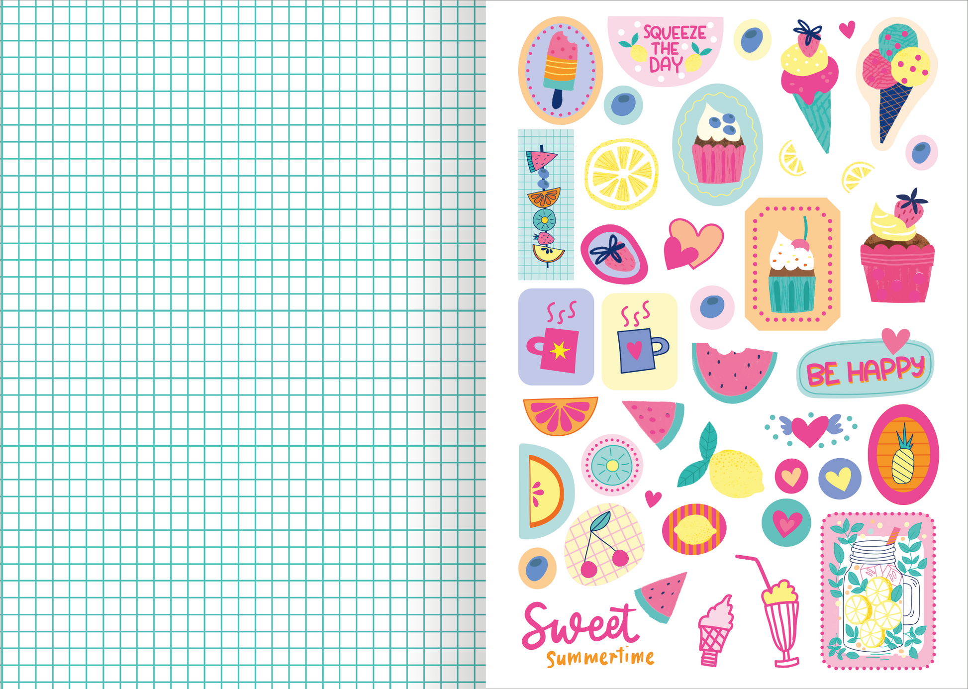 Gezeigt wird eine Innen- oder Zusatzansicht von „I Love Summer – Sticker-Liebe“. Die Ansicht zeigt eine Vielzahl bunter Aufkleber mit sommerlichen Motiven. Dominierende Farben sind Pastelltöne in Rosa, Gelb, Blau und Grün. Zu sehen sind Eiscreme, Früchte, Getränke und fröhliche Sprüche wie „Squeeze the Day“ und „Be Happy“. Die Typografie ist verspielt und einladend, mit klar lesbaren Schriftzügen. Der Hintergrund ist in einem leicht karierten Muster gehalten.