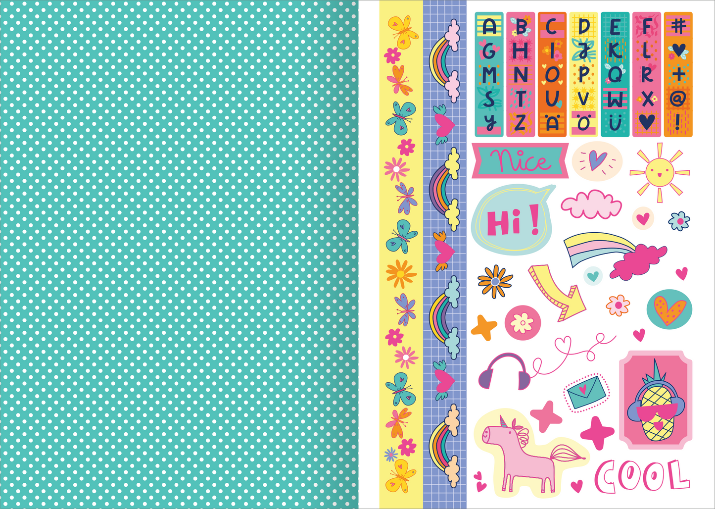 Gezeigt wird eine Innen- oder Zusatzansicht von „I Love Summer – Sticker-Liebe“. Die Gestaltung präsentiert eine Vielzahl bunter Sticker auf einem hellen, strukturierten Hintergrund. Die Hauptfarbe ist ein kräftiges Mintgrün mit weißen Punkten. Die Sticker sind in sanften Pastelltönen gehalten und zeigen Motive wie Regenbogen, Einhorn, Herzen und Sprechblasen. Eine verspielte Schriftart hebt die Wörter „Nice“ und „Hi!“ hervor, während dekorative Blumenmuster und weitere...
