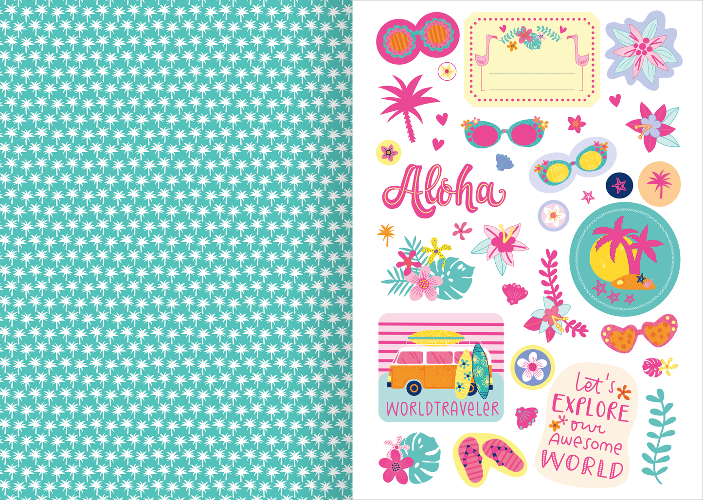 Gezeigt wird eine Innen- oder Zusatzansicht von „I Love Summer – Sticker-Liebe“. Die Ansicht zeigt bunte, sommerliche Sticker auf weißem Hintergrund. Zentrale Elemente sind verspielte Motive wie Palmen, Sonnenbrillen und bunte Flip-Flops in Pink, Gelb und Blau. Die Schriftzüge „Aloha“ und „WORLDTRAVELER“ sind in fettem, verschnörkeltem Stil gehalten. Der Hintergrund links ist in einem zartem Türkis mit kleinen weißen Sternen gestaltet, was eine fröhliche, lebendige...