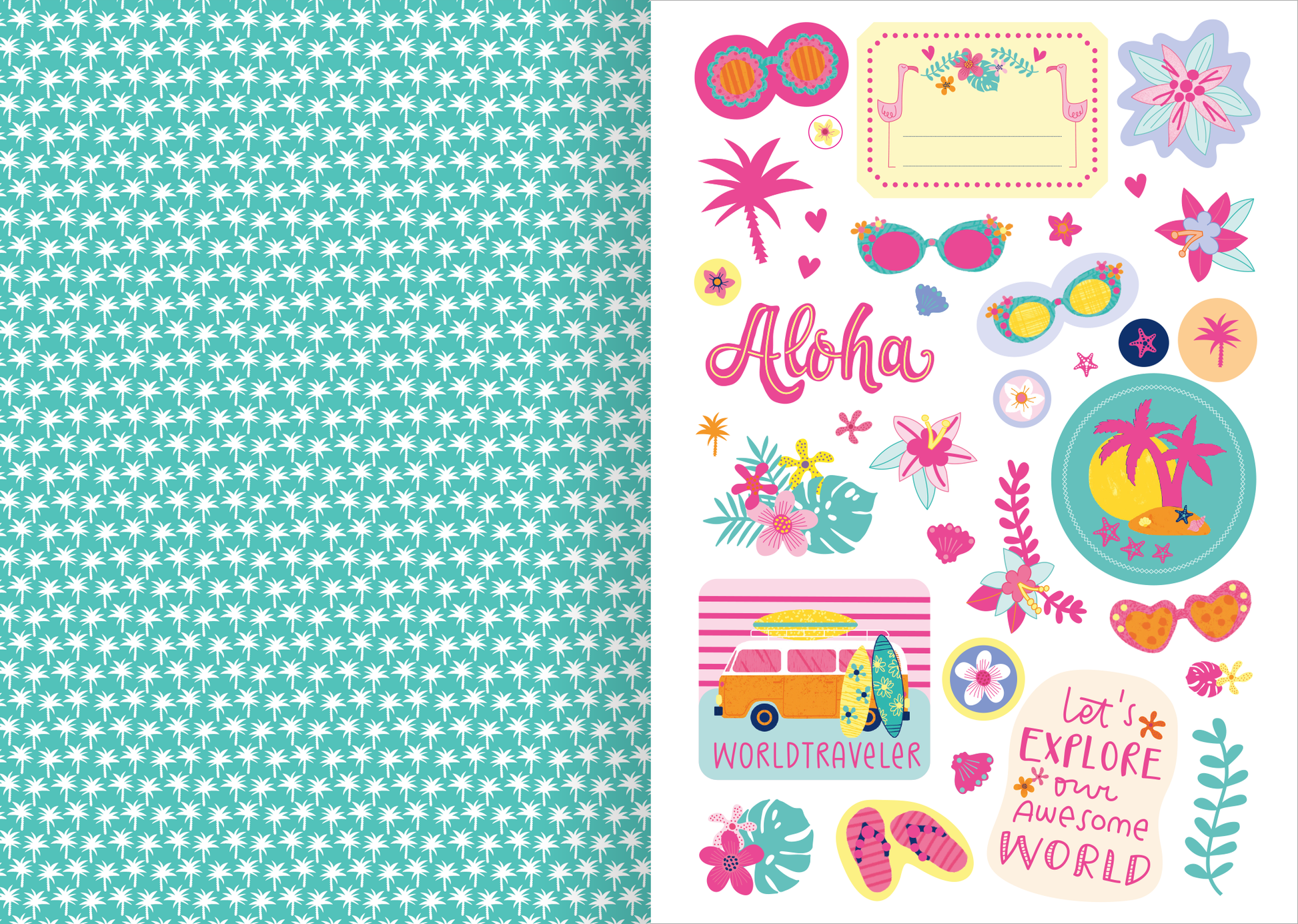 Gezeigt wird eine Innen- oder Zusatzansicht von „I Love Summer – Sticker-Liebe“. Die Ansicht zeigt bunte, sommerliche Sticker auf weißem Hintergrund. Zentrale Elemente sind verspielte Motive wie Palmen, Sonnenbrillen und bunte Flip-Flops in Pink, Gelb und Blau. Die Schriftzüge „Aloha“ und „WORLDTRAVELER“ sind in fettem, verschnörkeltem Stil gehalten. Der Hintergrund links ist in einem zartem Türkis mit kleinen weißen Sternen gestaltet, was eine fröhliche, lebendige...