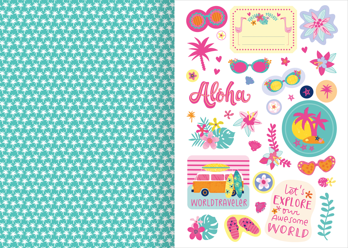 Gezeigt wird eine Innen- oder Zusatzansicht von „I Love Summer – Sticker-Liebe“. Die Ansicht zeigt bunte, sommerliche Sticker auf weißem Hintergrund. Zentrale Elemente sind verspielte Motive wie Palmen, Sonnenbrillen und bunte Flip-Flops in Pink, Gelb und Blau. Die Schriftzüge „Aloha“ und „WORLDTRAVELER“ sind in fettem, verschnörkeltem Stil gehalten. Der Hintergrund links ist in einem zartem Türkis mit kleinen weißen Sternen gestaltet, was eine fröhliche, lebendige...