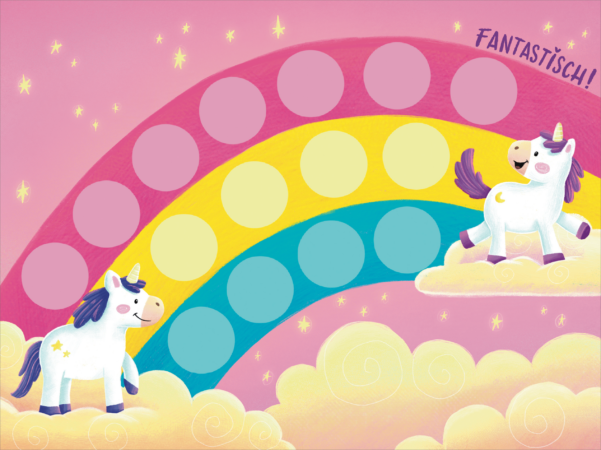 Gezeigt wird eine Innen- oder Zusatzansicht von „Mein Mutmach-Set“. Die Illustration zeigt einen bunten Regenbogen auf einem zarten rosa Hintergrund, umrahmt von gelben Wolken. Zwei fröhliche Einhörner stehen auf den Wolken, das eine auf der linken Seite des Einhorn, das andere auf der rechten. Über dem Regenbogen steht in kleiner, verspielter Schrift das Wort „FANTASTISCH!“. Die Verwendung lebendiger Farben wie Gelb, Blau und Pink verstärkt die positive, einladende Atmosphäre.