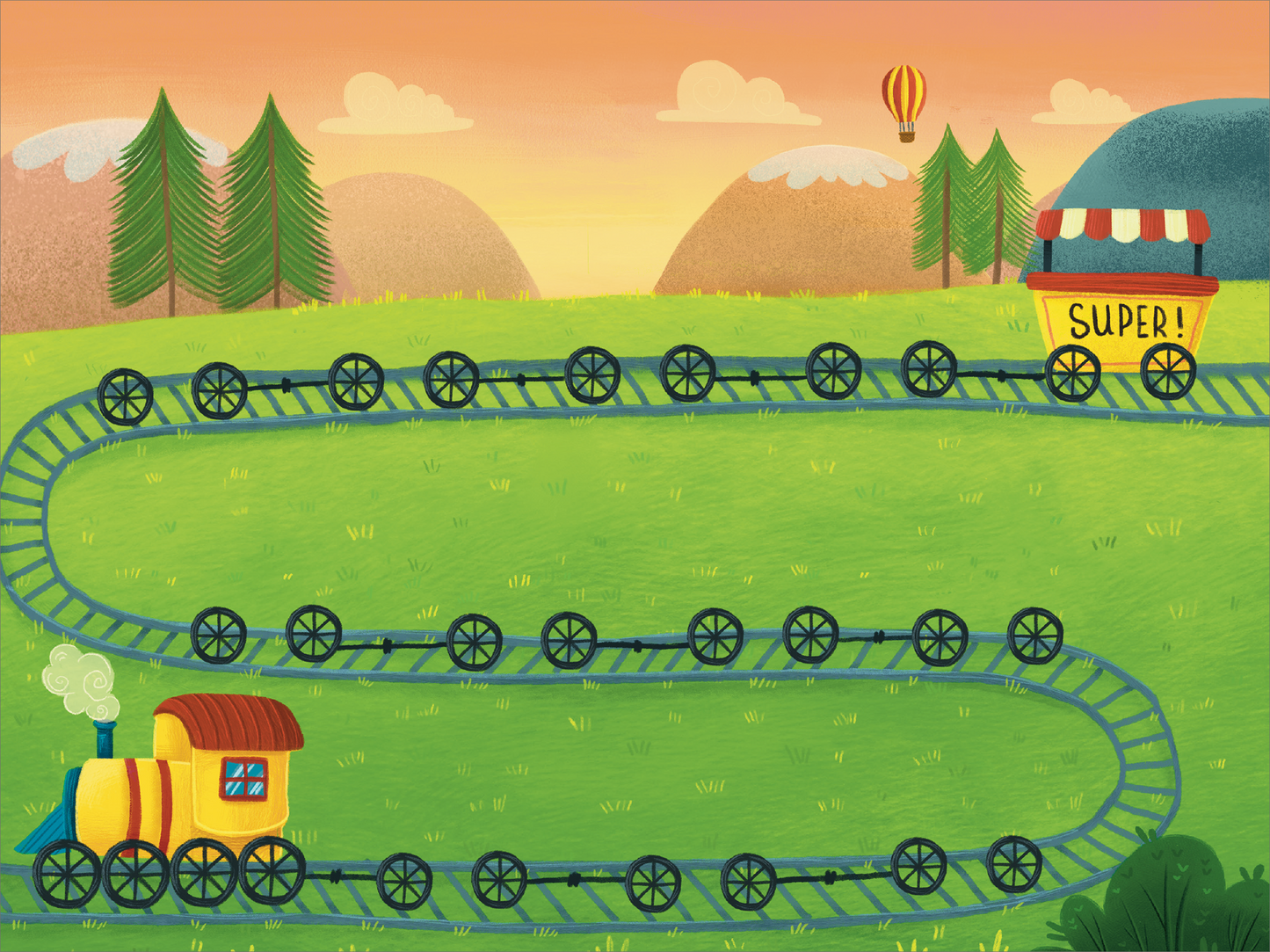 Gezeigt wird eine Innen- oder Zusatzansicht von „Mein Mutmach-Set“. Die Darstellung zeigt eine farbenfrohe, kinderfreundliche Landschaft mit einer gewundenen Zugschiene. Der hinterste Wagon trägt die Aufschrift „SUPER!“. Zwischen Lockführerhäuschen und letztem Wagon stehen Räder auf den Schienen ohne Wagons. Der Hintergrund ist in warmen Gelbtönen gehalten, während sanfte Berghänge und grüne Wiesen dominieren.