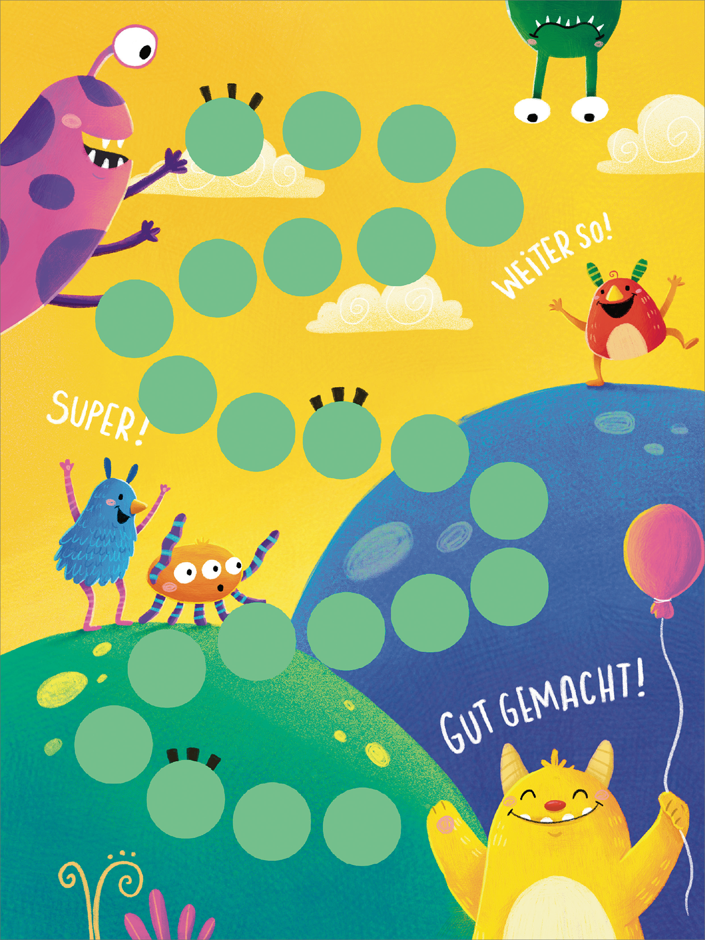 Gezeigt wird eine Innen- oder Zusatzansicht von „Mein Mutmach-Set“. Der Hintergrund ist in einem lebhaften Gelbton gehalten und zeigt sanfte, farbenfrohe Hügel in Grün und Blau. Verschiedene fröhliche Monster, sind in leuchtenden Farben abgebildet. Über den Hügeln sind motivierende Worte wie „Weiter so!“, „Super!“ und „Gut gemacht!“ in spielerischer, weißer Typografie angeordnet. Ein gewundener Weg aus grünen Kreisen ist auf der gesamten Seite platziert.
