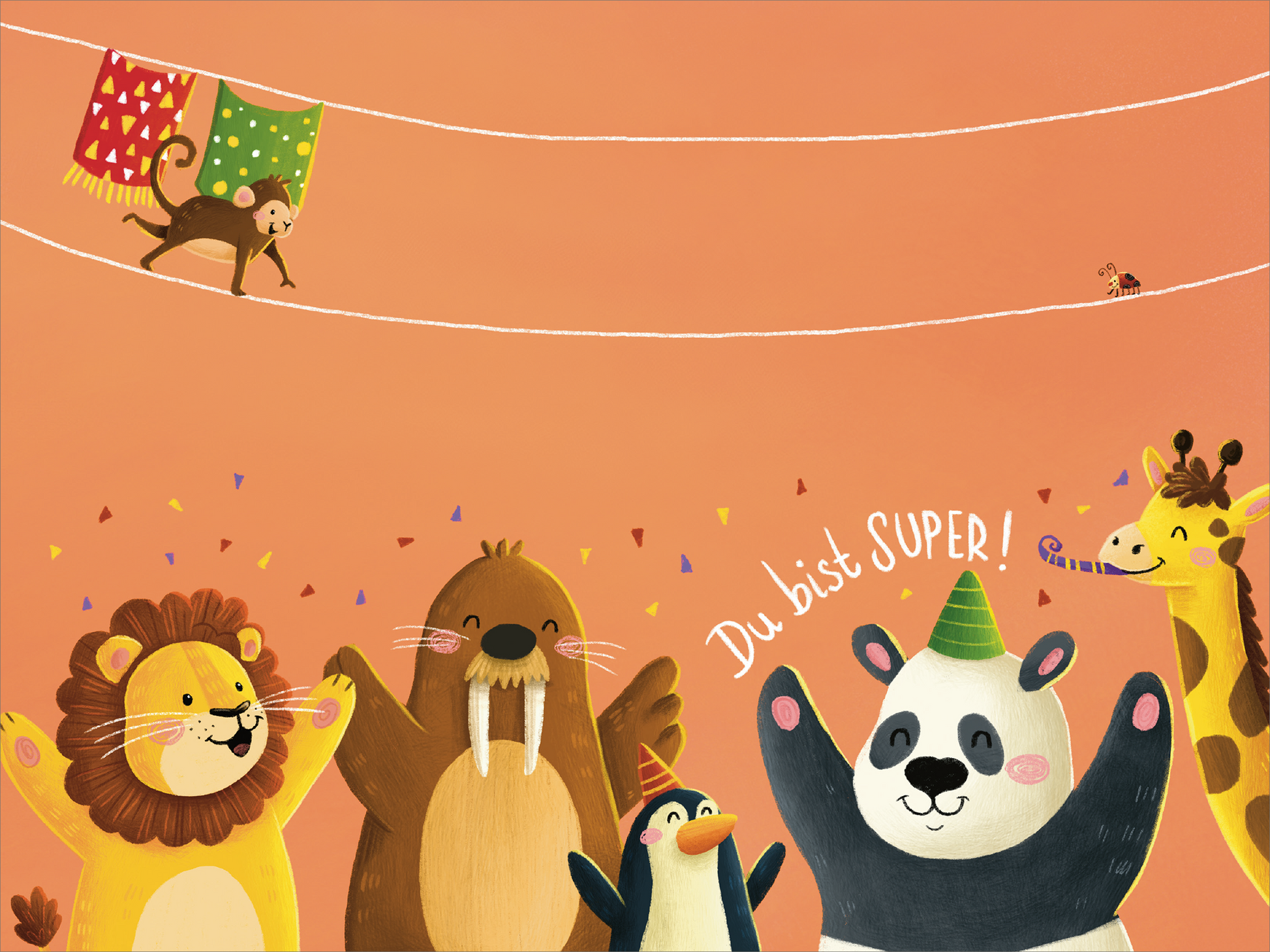 Gezeigt wird eine Innen- oder Zusatzansicht von „Mein Mutmach-Set“. Die Illustration zeigt einen orangefarbenen Hintergrund mit einer bunten Tiergruppe. Ein Löwe, ein Walross, ein Pinguin, ein Panda und eine Giraffe heben begeistert die Arme. Über ihnen schwingt ein kleiner Affe an einer Wäscheleine. Der Text „Du bist SUPER!“ ist in verspielter Schriftart platziert, umgeben von bunten Konfetti-Elementen. Die Tiere tragen partyhafte Hüte, was die fröhliche Stimmung unterstreicht.