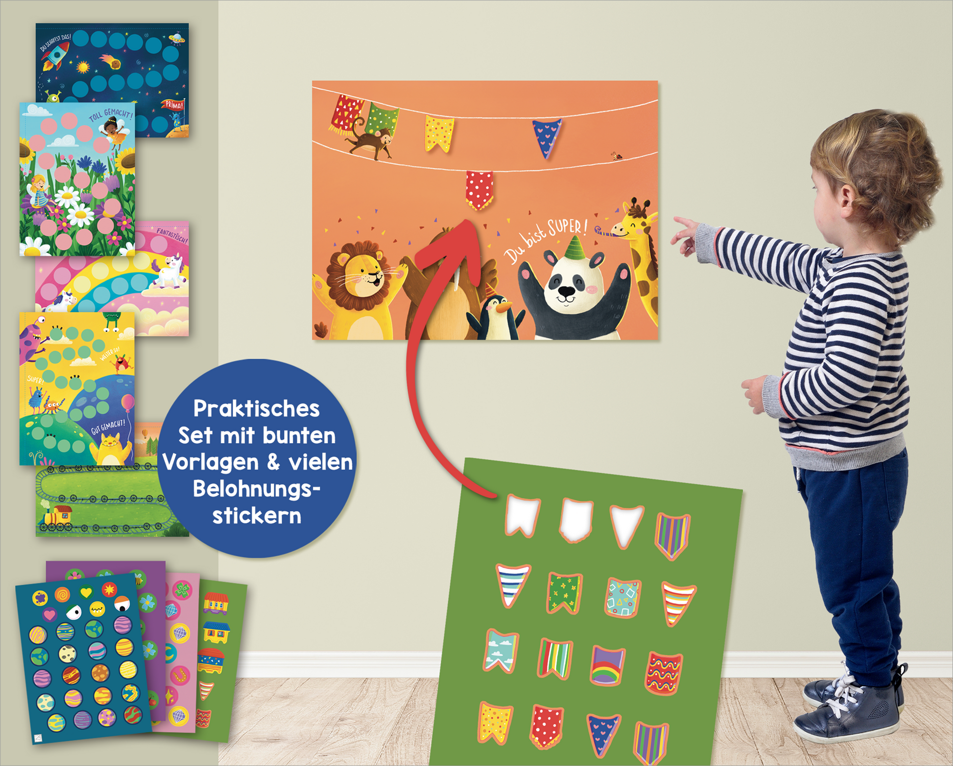 Gezeigt wird eine Innen- oder Zusatzansicht von „Mein Mutmach-Set“. Im Bild sind mehrere bunte Vorlagen und Belohnungs-Sticker zu sehen, die eine lebhafte Gestaltung aufweisen. Die Farben reichen von leuchtendem Grün und Blau bis zu warmen Orange- und Gelbtönen. In der obersten Illustration interagieren ein Löwe und ein Bär unter farbigen Fähnchen, während der Schriftzug „Du bist super!“ in fröhlicher Typografie hervorsticht. Ein Kind zeigt begeistert auf die Wandgestaltung.